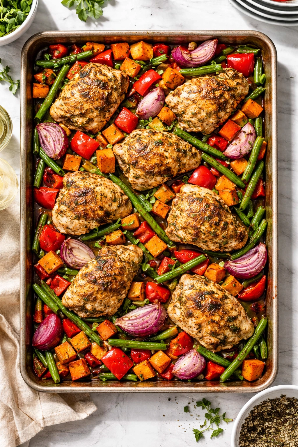 Sheet pan with chicken, sweet potato cubes, onions, peppers and green beans, Mediterranean seasoning