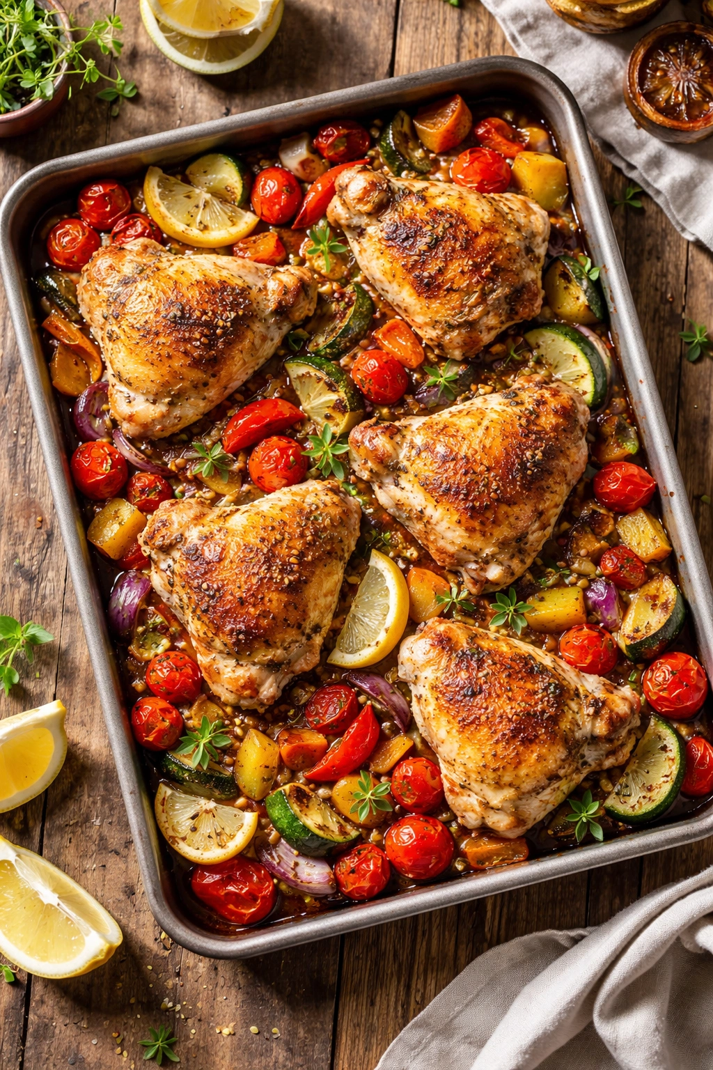 Mediterranean sheet pan chicken with roasted vegetables featuring thighs, tomatoes, peppers, onions, and zucchini