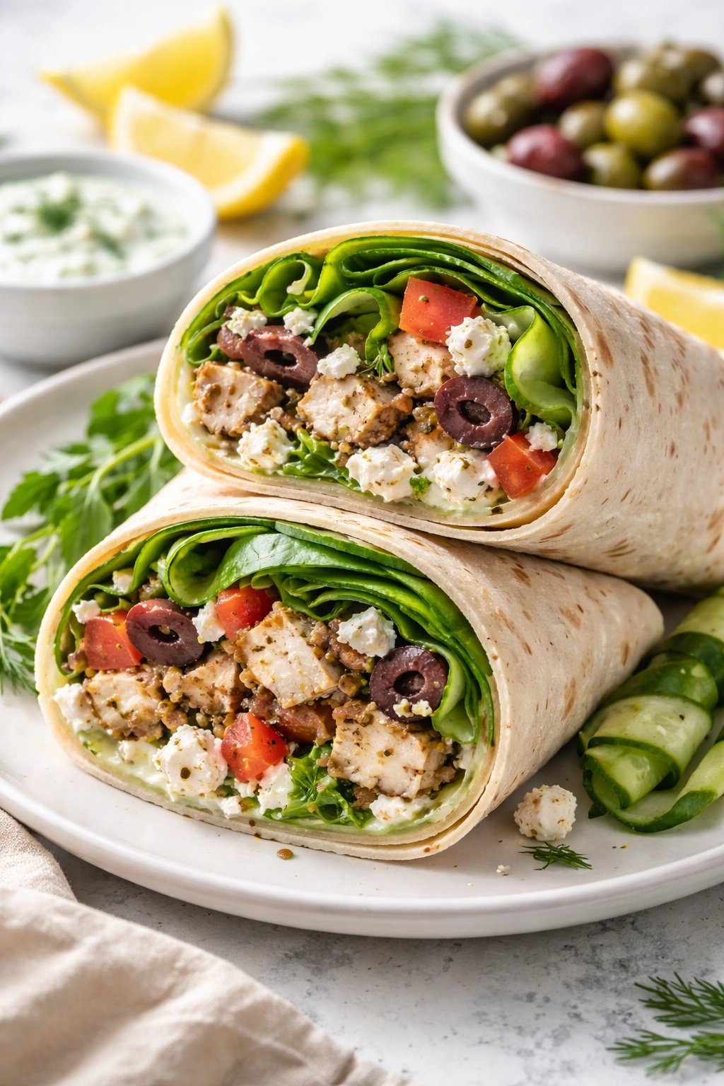Mediterranean wrap cross-section with feta, olives, cucumber, spinach and tzatziki