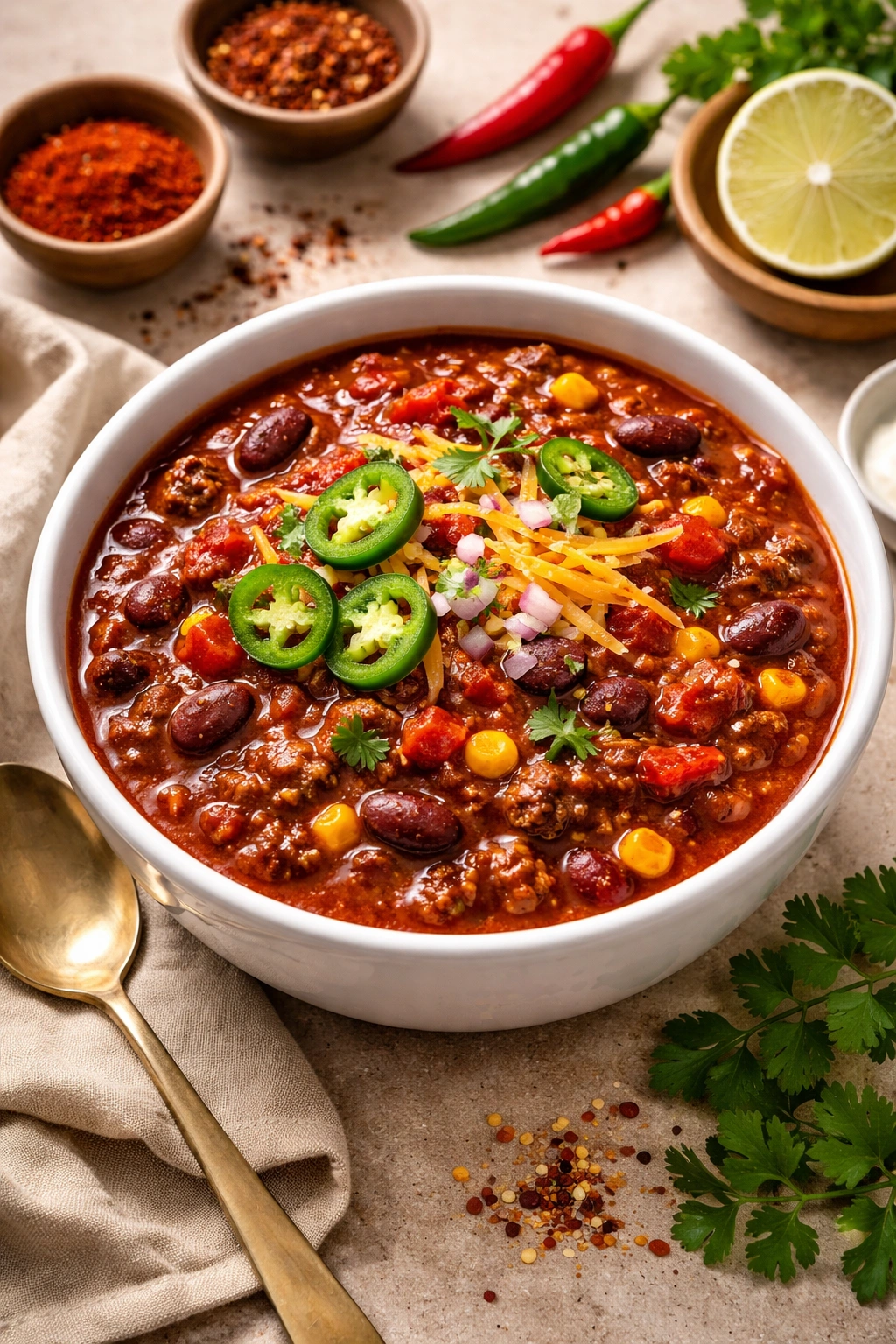 Chili in a white bowl with a thick glossy surface and medium heat impression