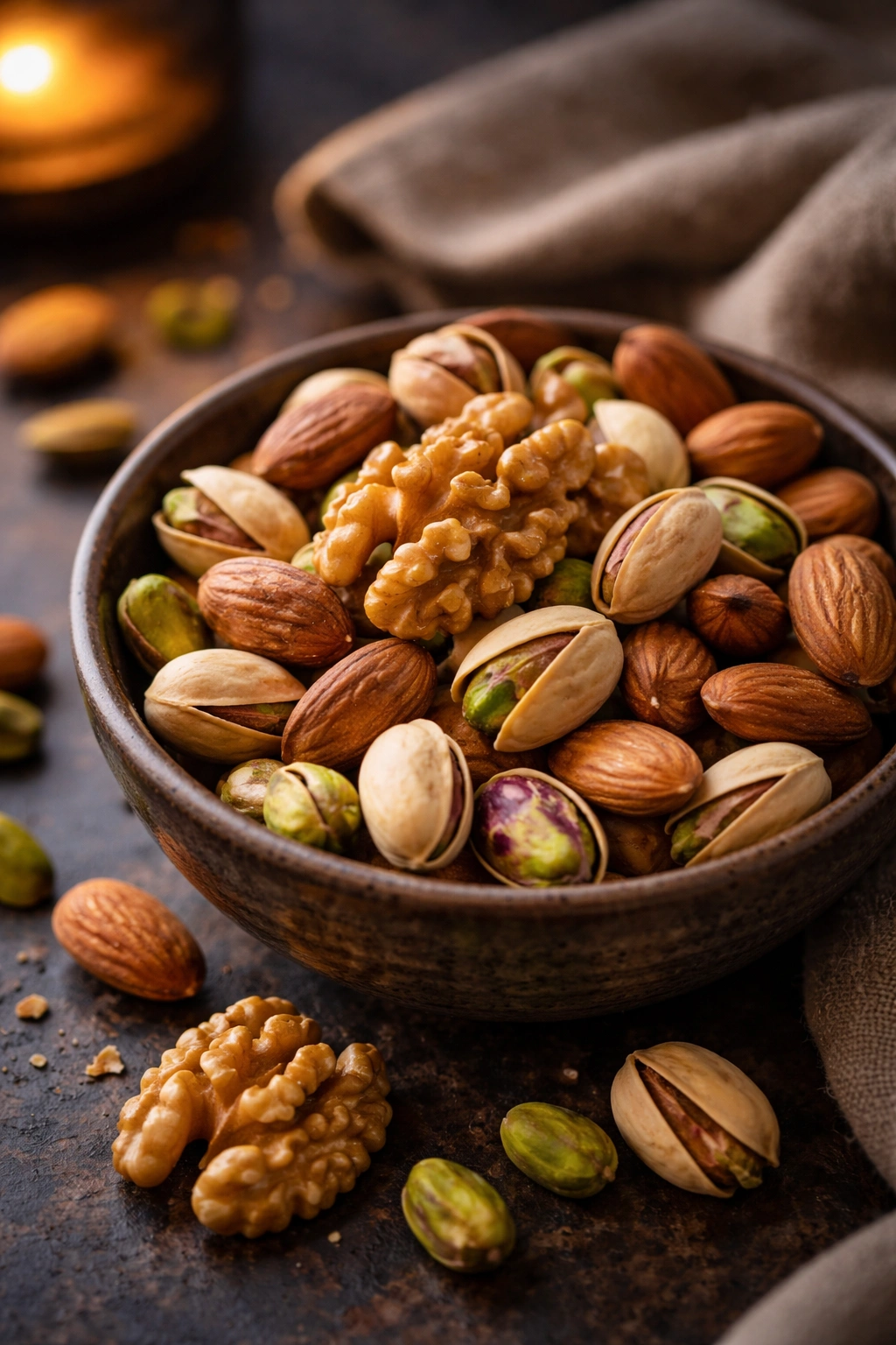 Close-up of melatonin-rich nuts in a small bowl with soft lighting.