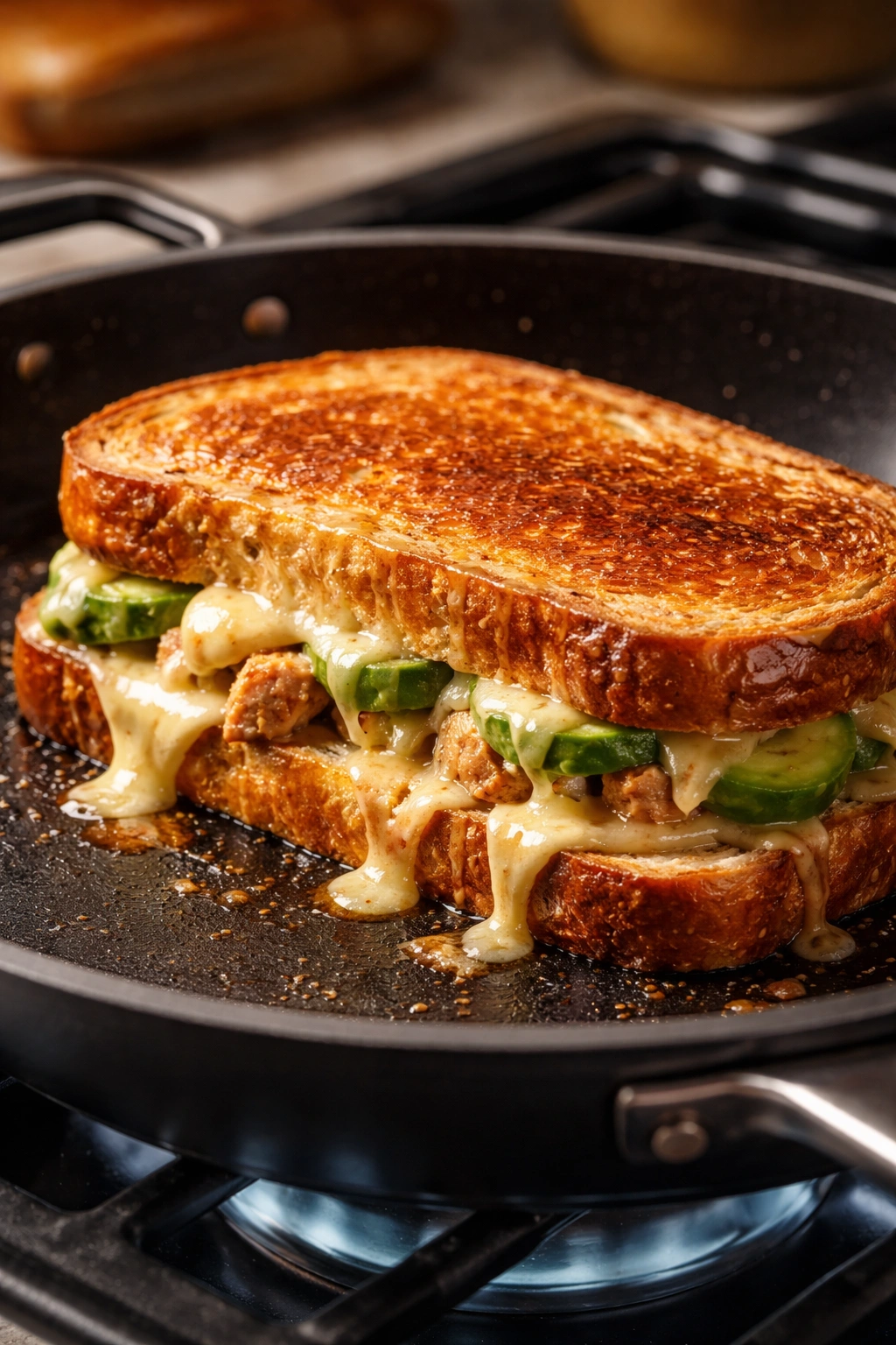 Grilling melt sandwich with golden crust and melted cheese