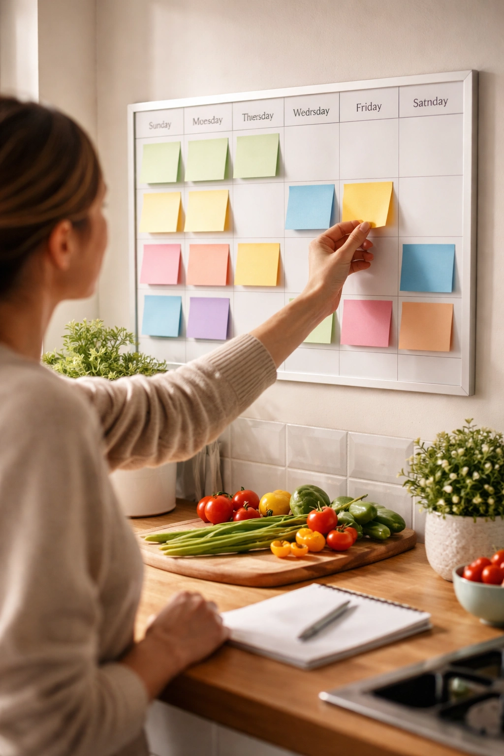 Person planning weekly meals with color-coded grid representing dinners