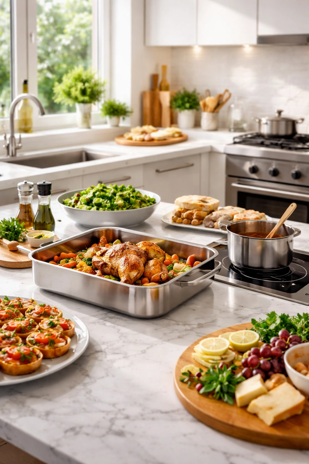 Kitchen planning scene showing roast pan and sauce pot