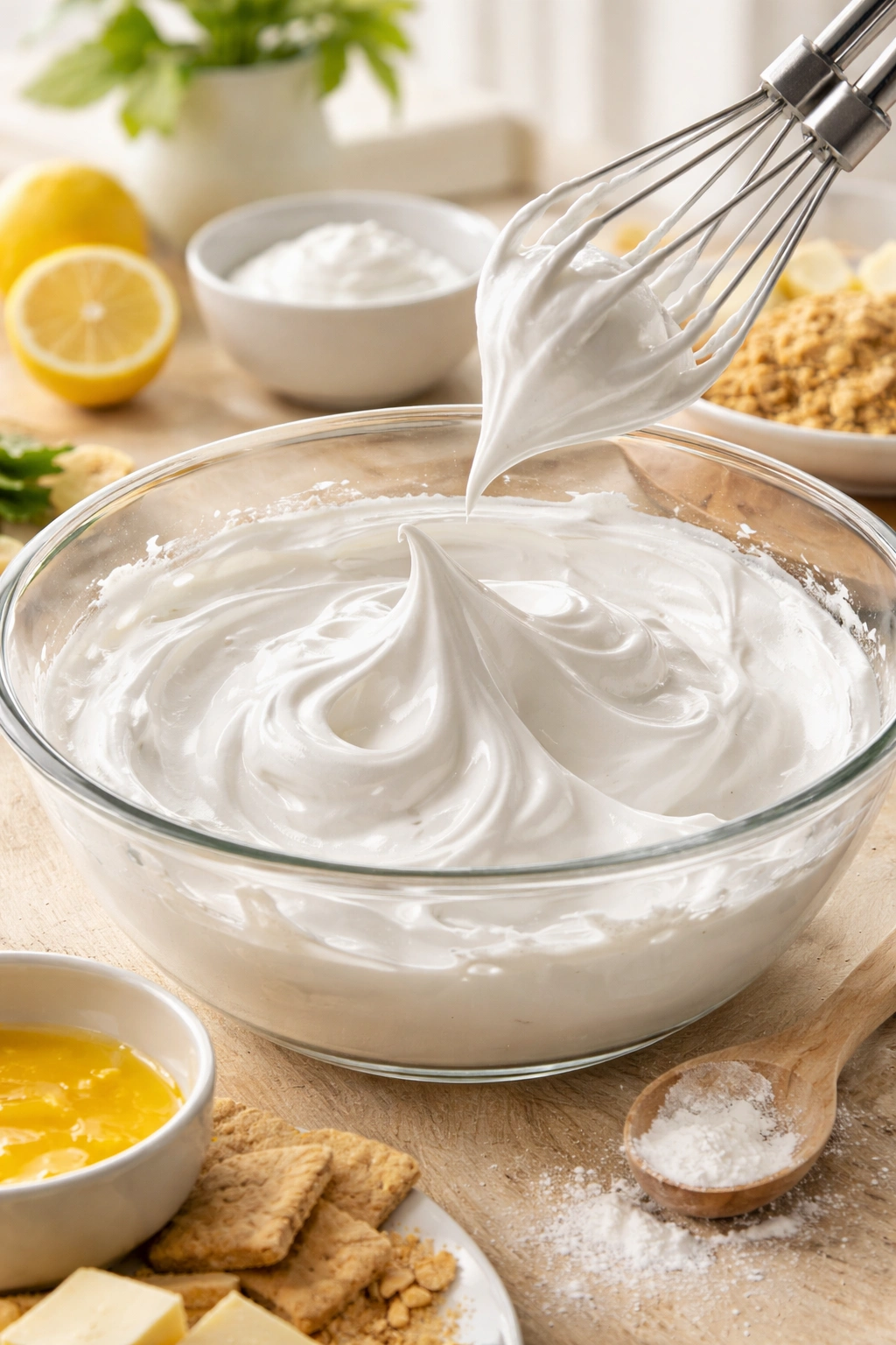 Meringue with stiff peaks in a mixing bowl illustrating proper texture.