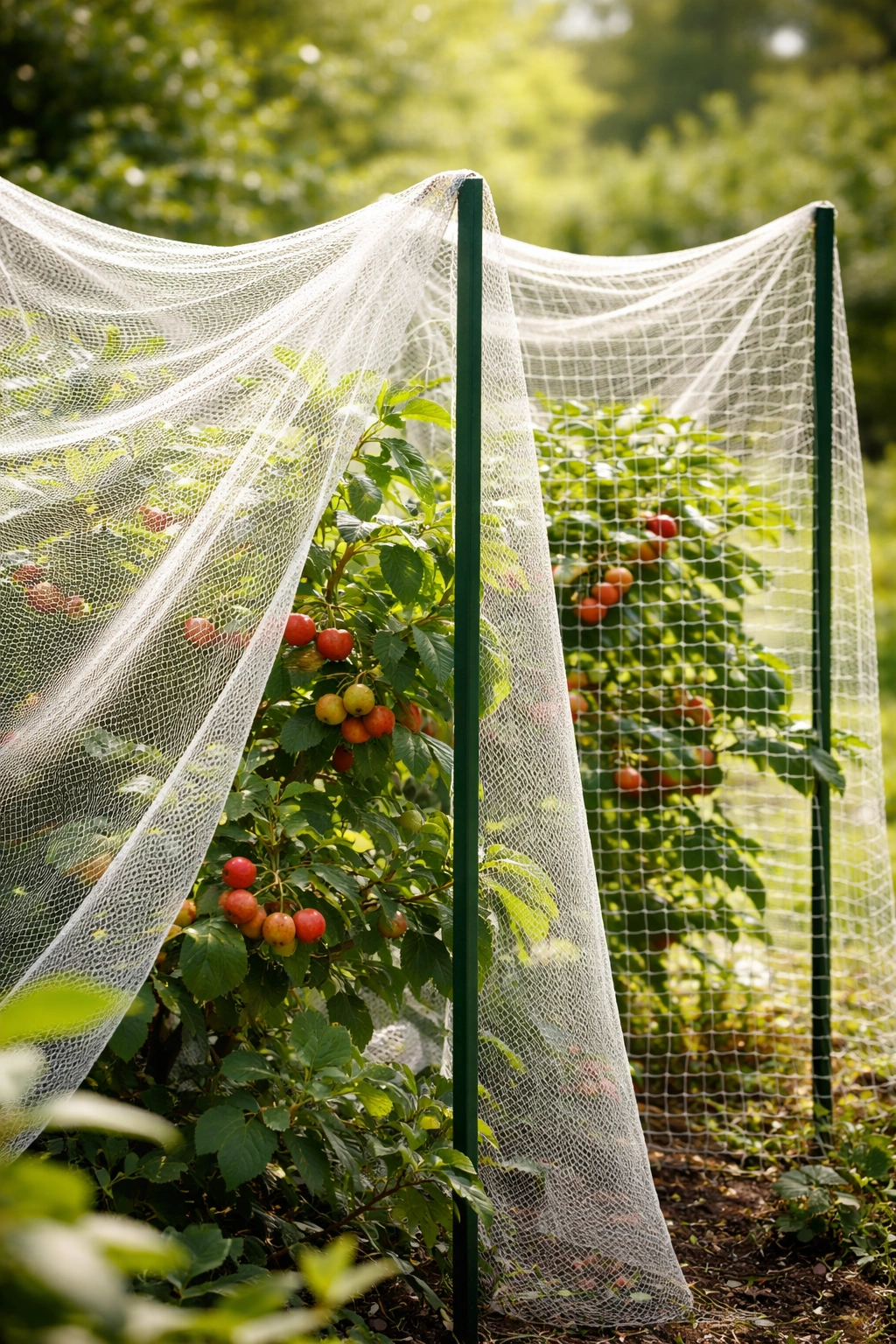 Two netting panels with different mesh sizes over a shrub for comparison