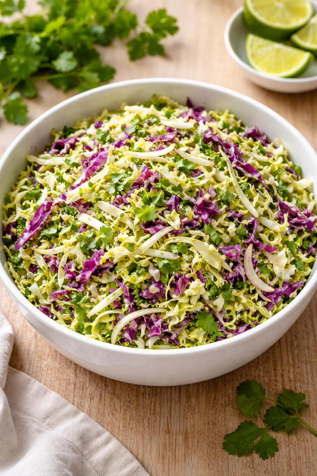 Close-up of Mexican coleslaw with cabbage, cilantro, and lime dressing in a white bowl.