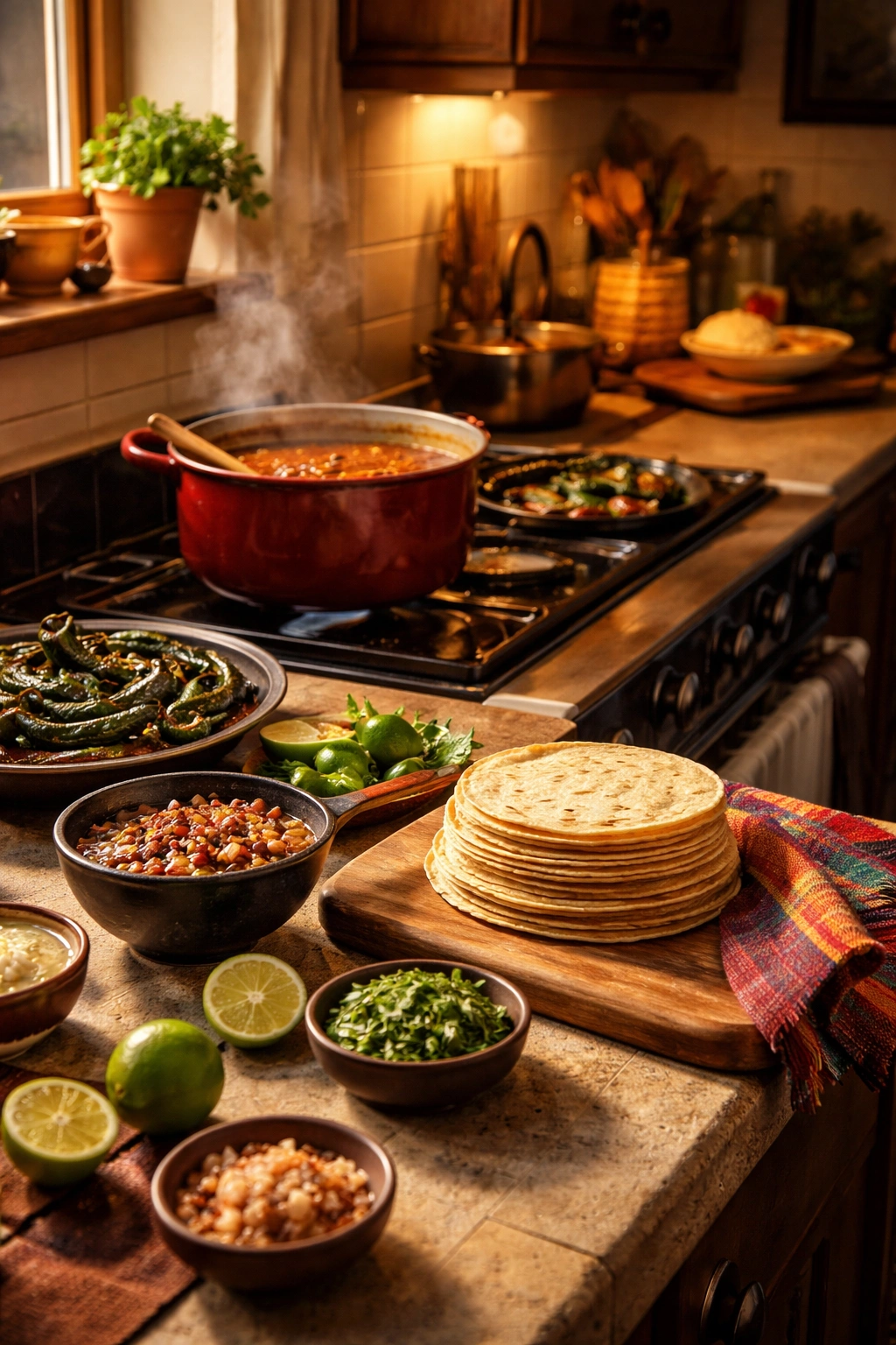 Cozy home kitchen scene with tortillas and simmering pot suggesting Mexican comfort food