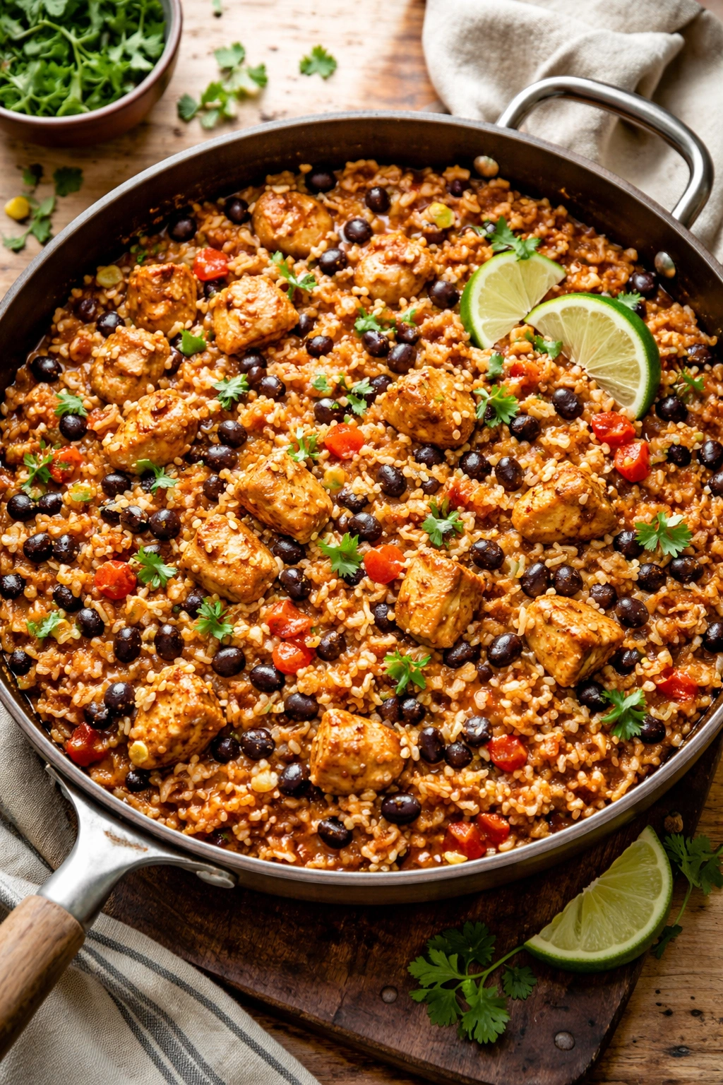 Mexican rice with black beans and chicken in a skillet