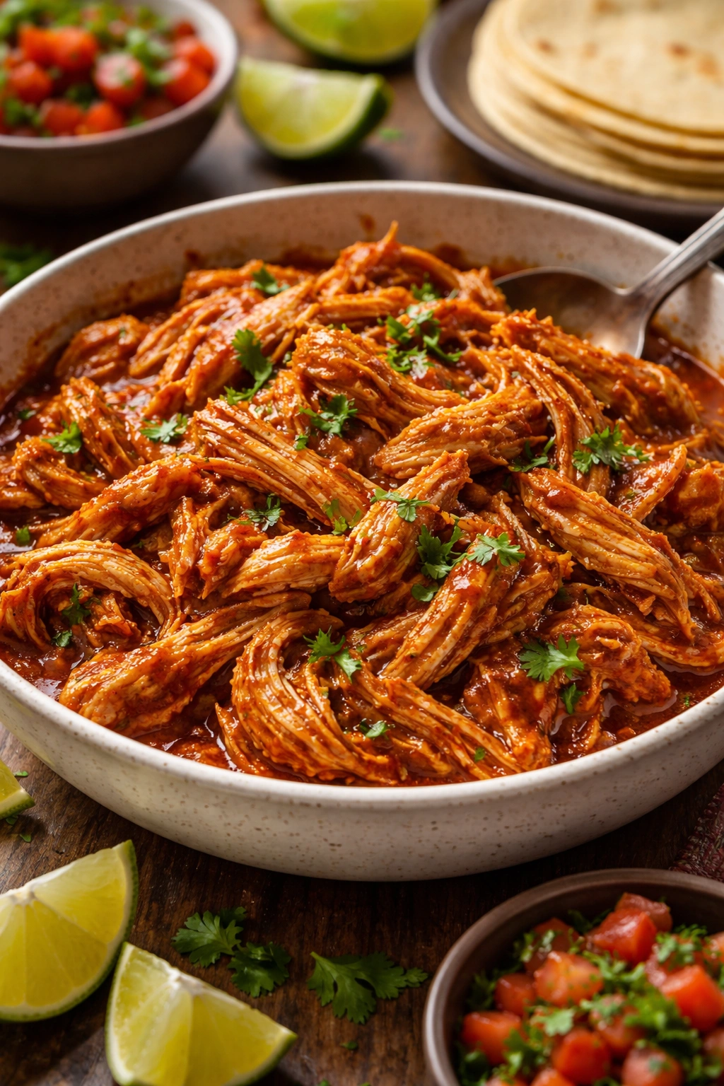 Close-up of shredded Mexican chicken in red sauce in a rustic bowl