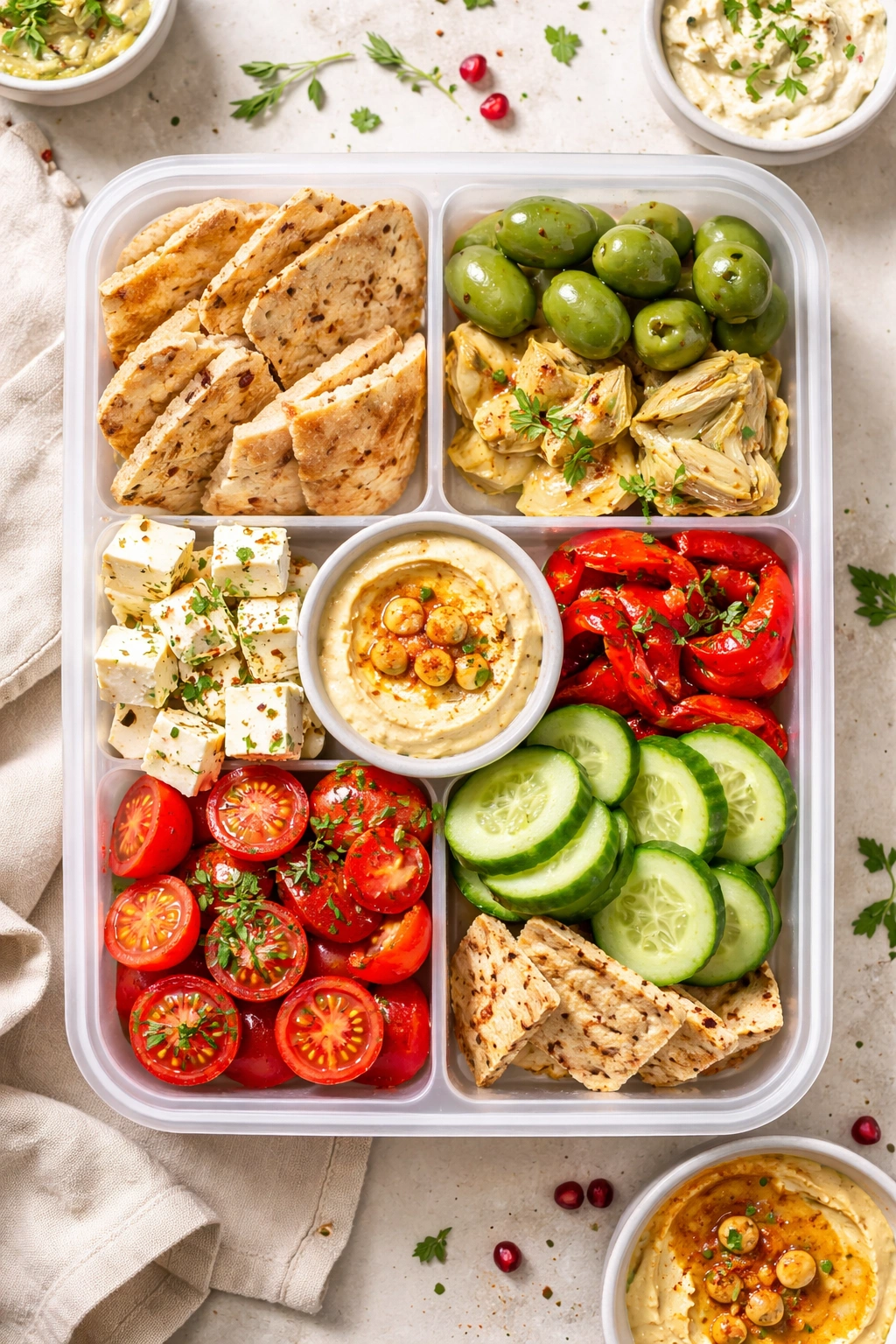 Top-down view of a segmented lunch container with a Mediterranean mezze spread