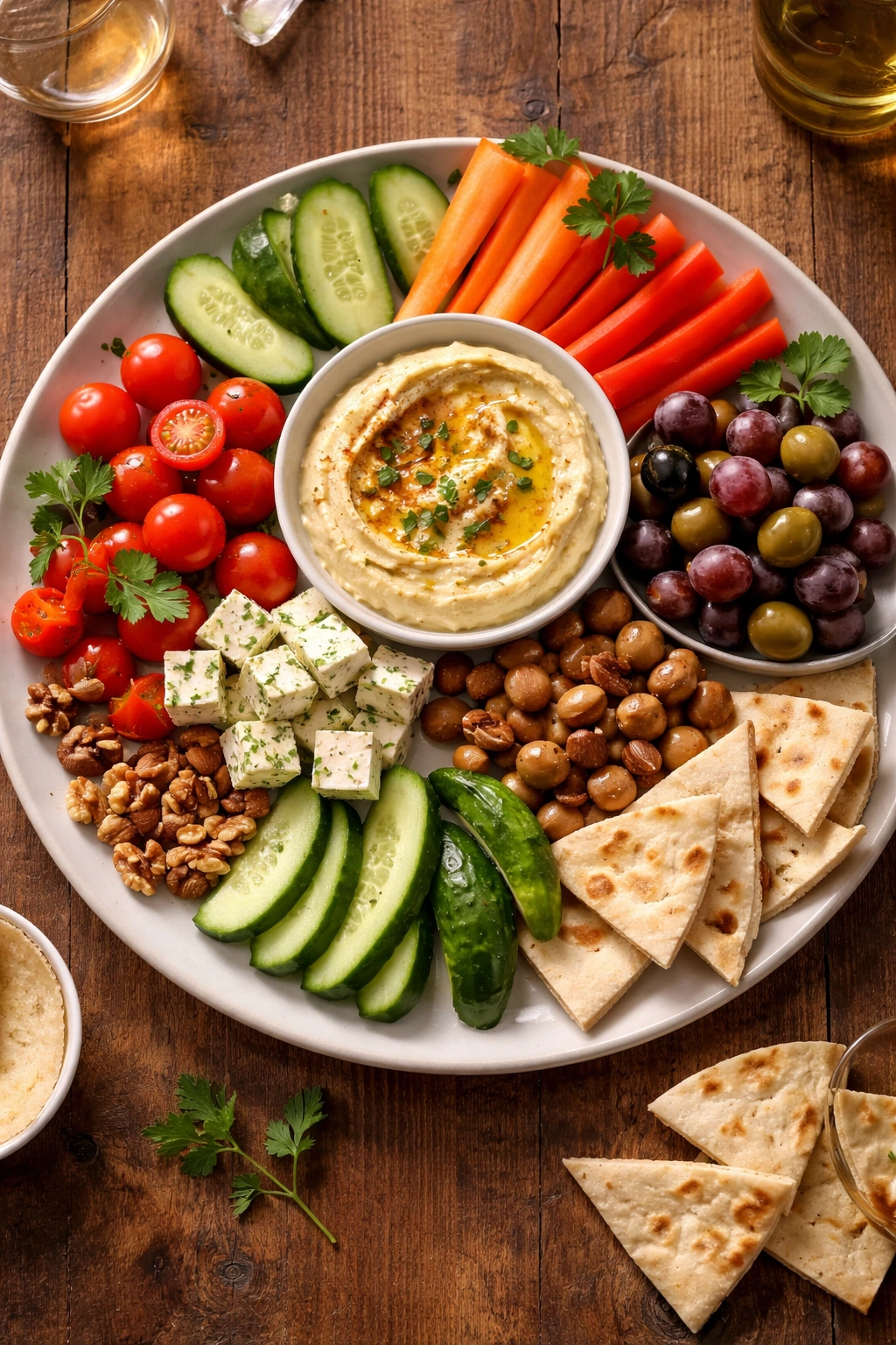 Mezze platter with dips, vegetables, feta, olives, nuts, and fruit