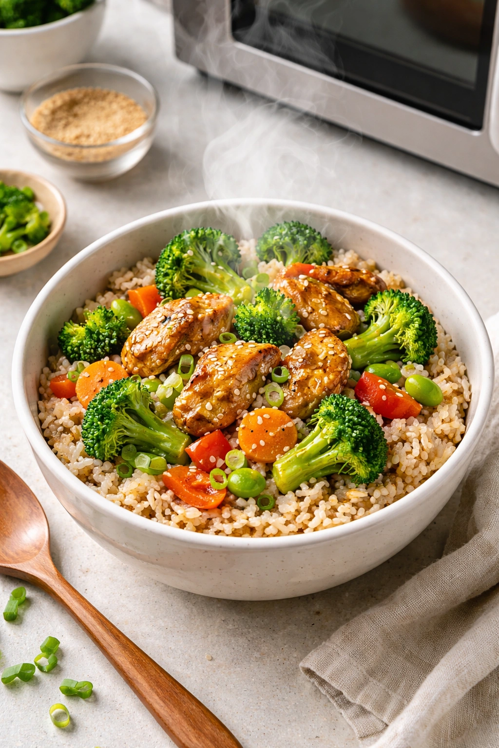 Steaming microwave meal bowl with rice vegetables protein in bright kitchen