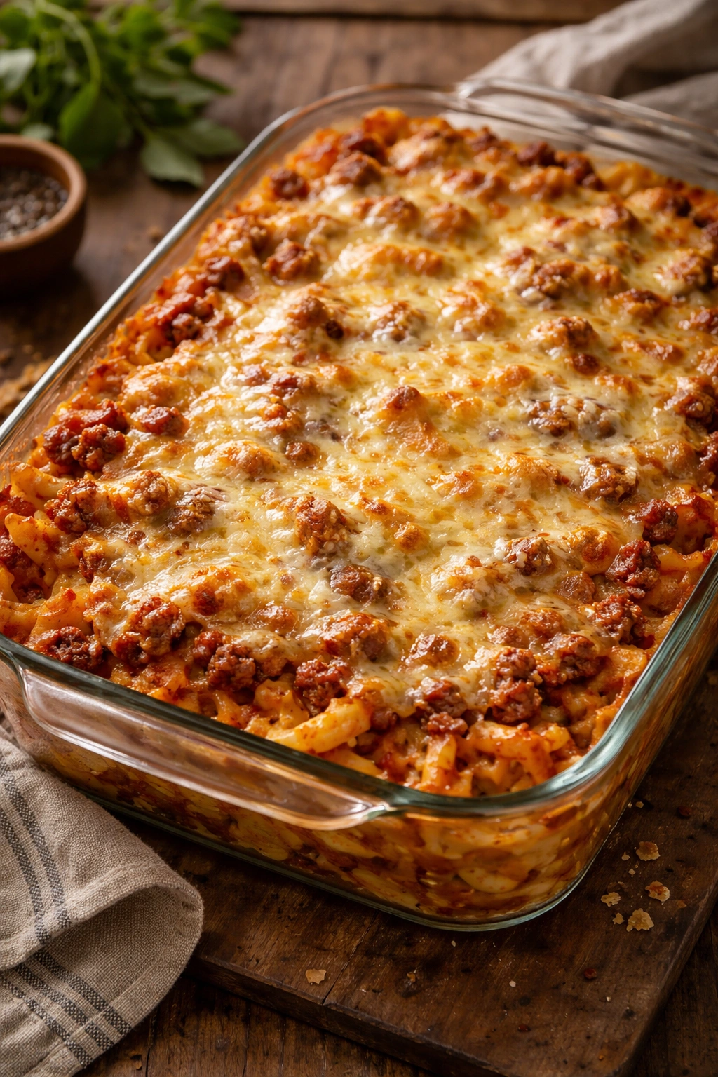 Close-up of a bubbling golden baked casserole with a glossy cheese top