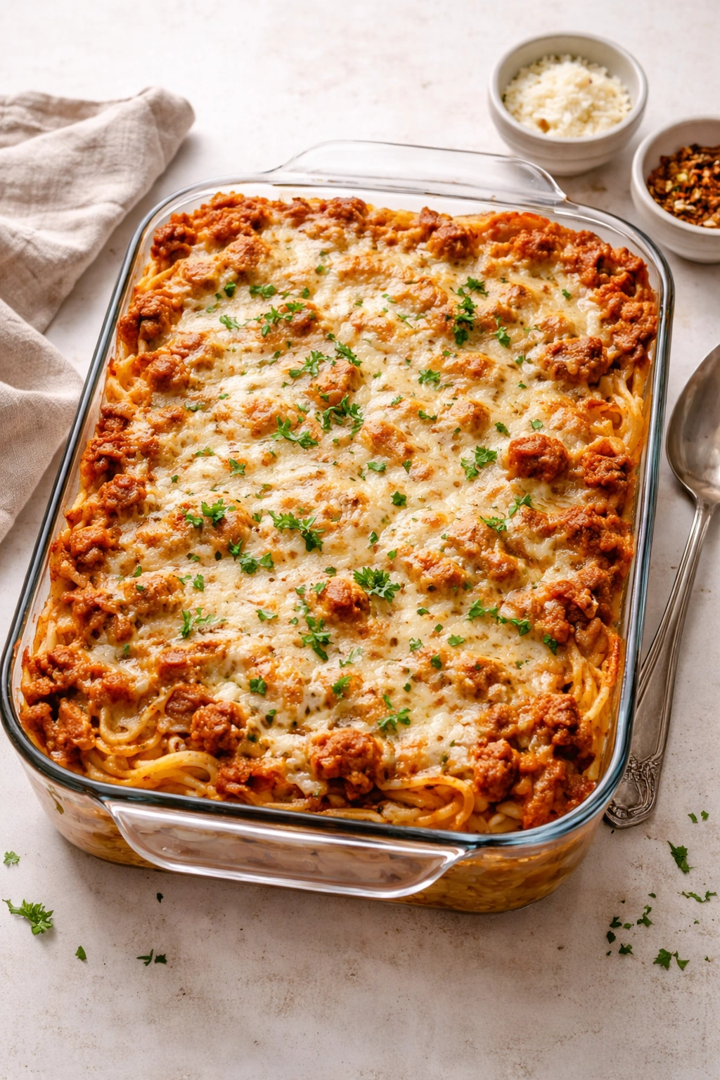 Finished Million Dollar Pasta casserole with melted cheese topping