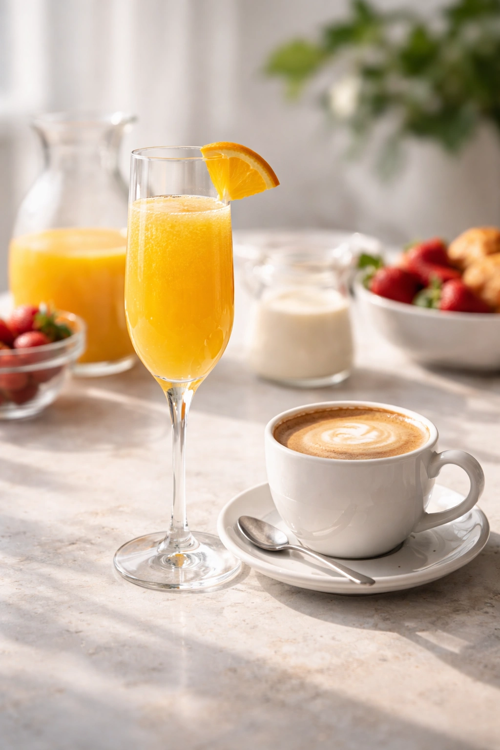 Mimosa and coffee on a minimal table for brunch beverages.