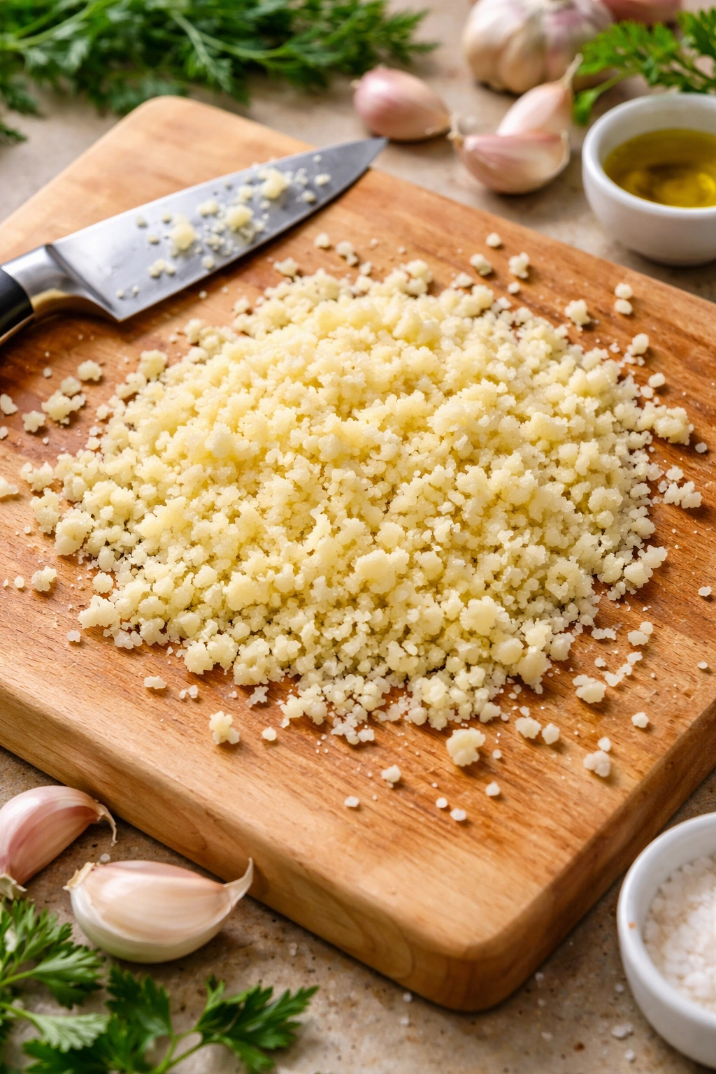 Finely minced garlic on a wooden cutting board in bright light