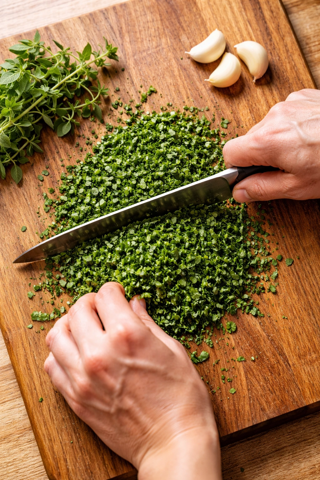 Hands mincing herbs on a cutting board for chimichurri