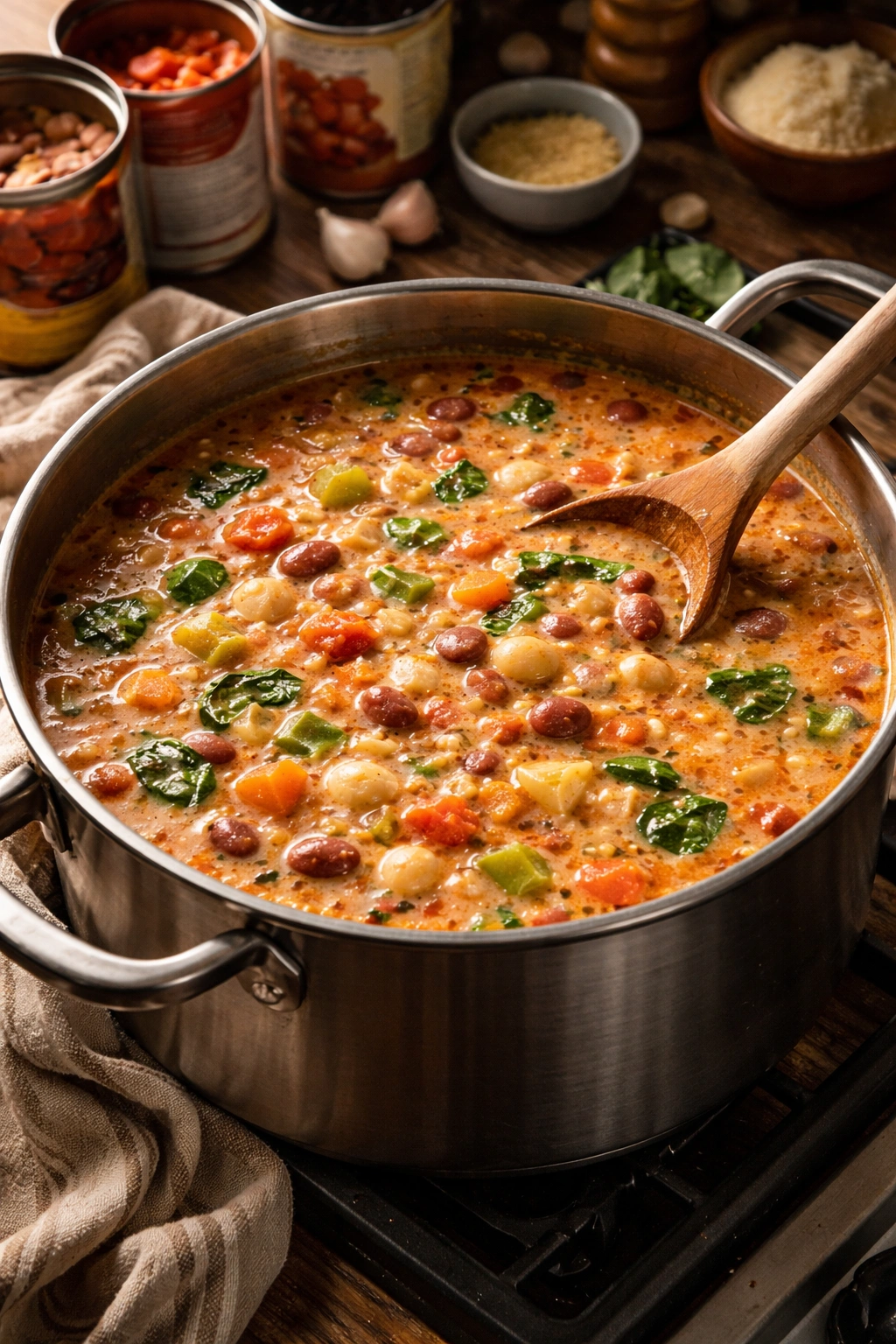 Creamy pantry minestrone soup in a pot with pasta and beans