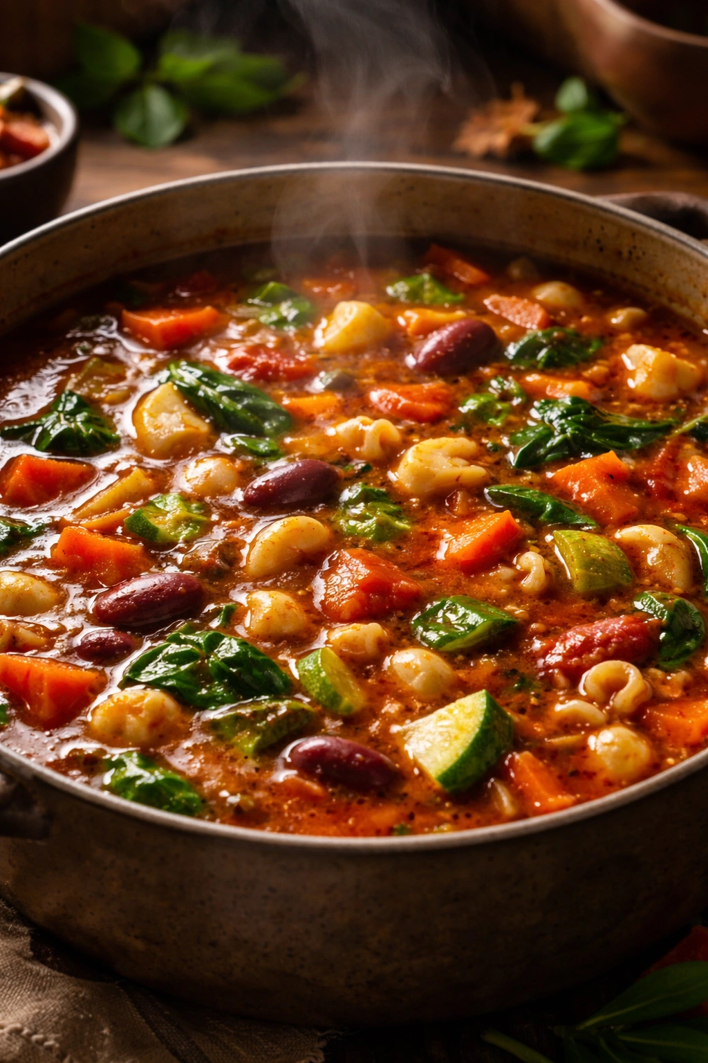 Close-up of deep-flavored minestrone soup surface