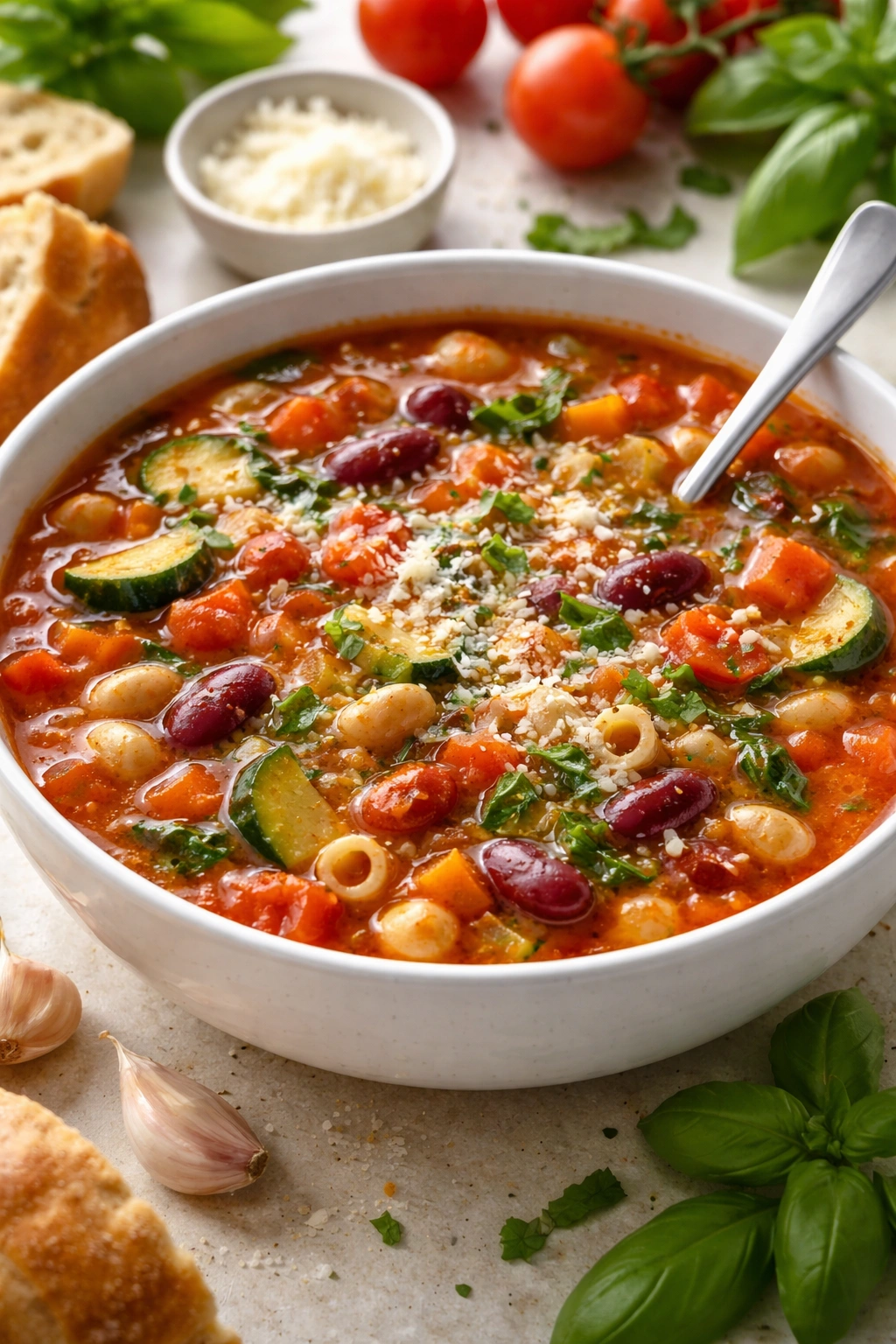 Close-up bowl of minestrone soup with vegetables and beans