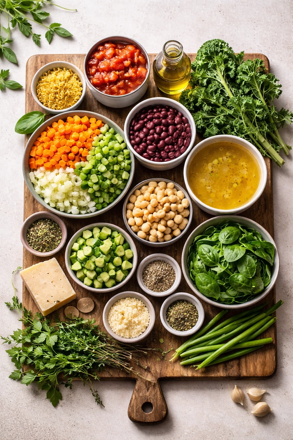 Flat lay of ingredients for minestrone including vegetables, beans, pasta and herbs