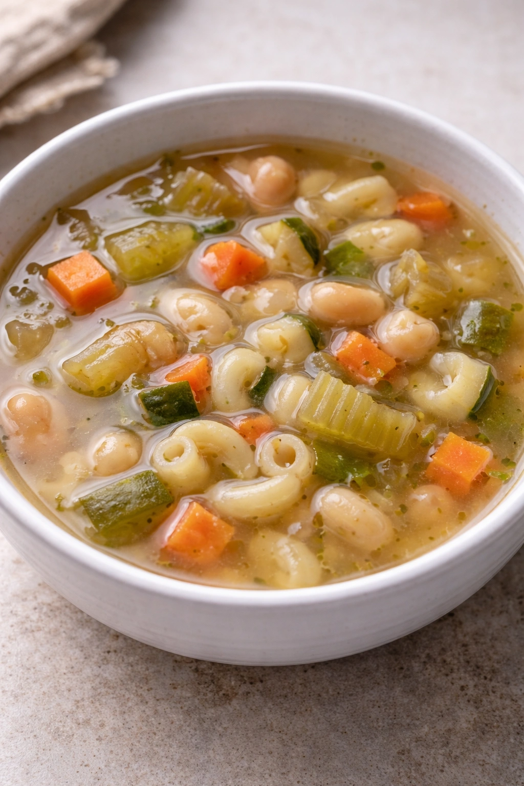 Minestrone with watery broth and few vegetables, illustrating a flavor-missing mistake