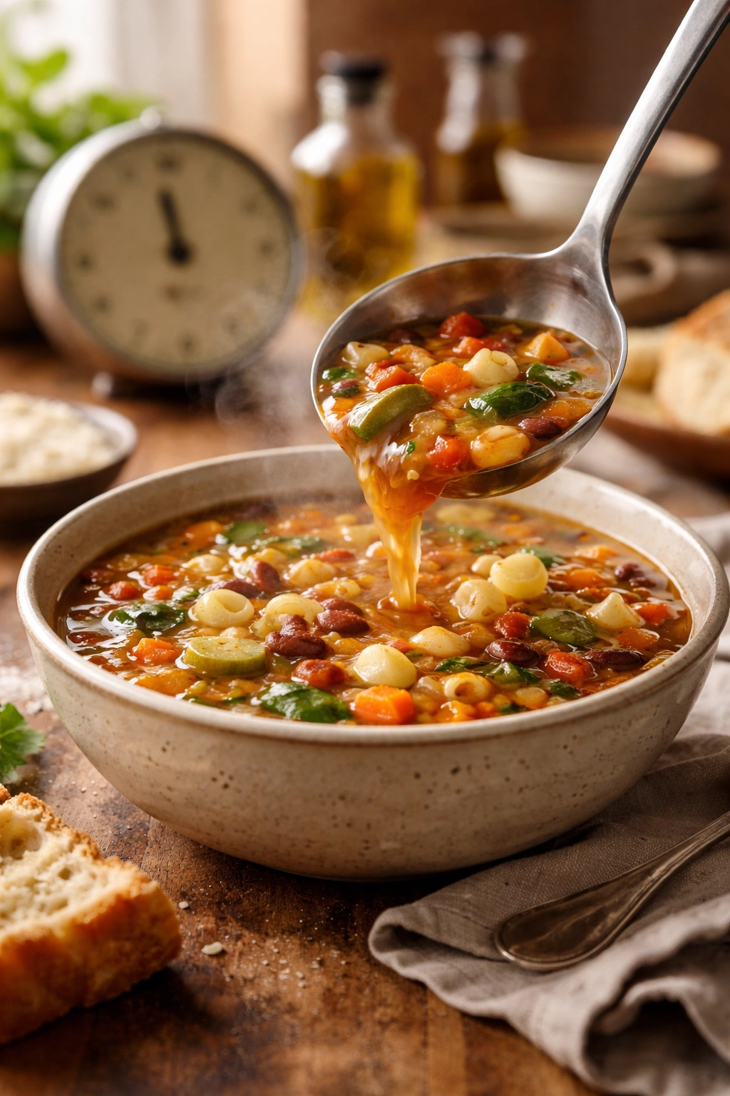 Steaming minestrone being served with a timer in the background
