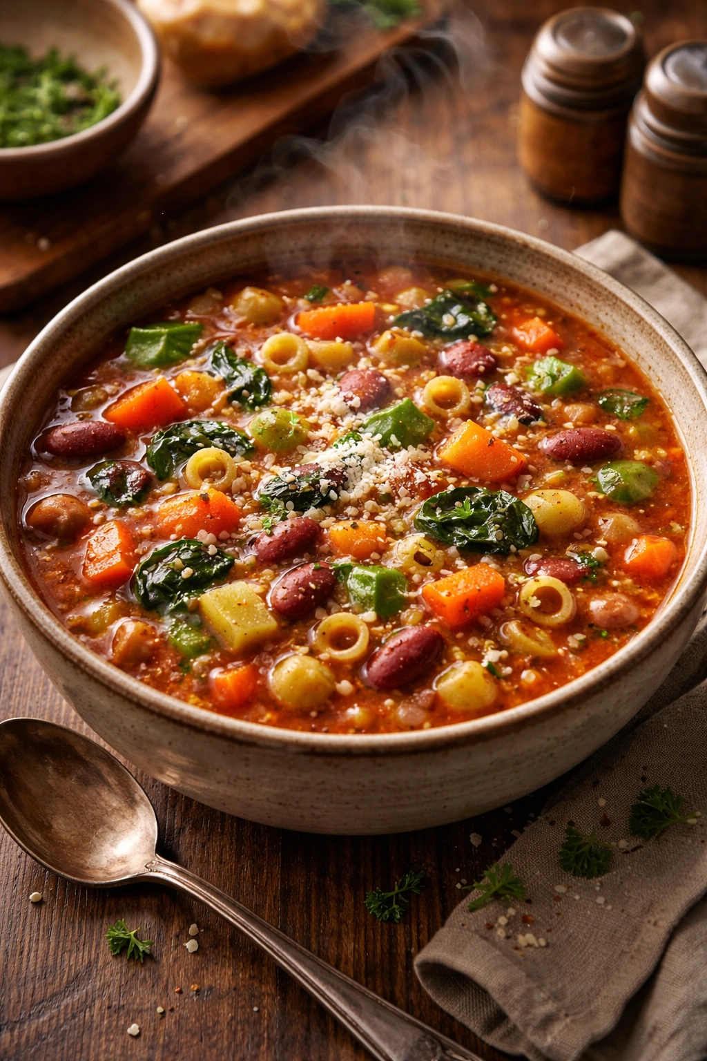 Steaming bowl of hearty minestrone soup with vegetables and pasta in tomato broth