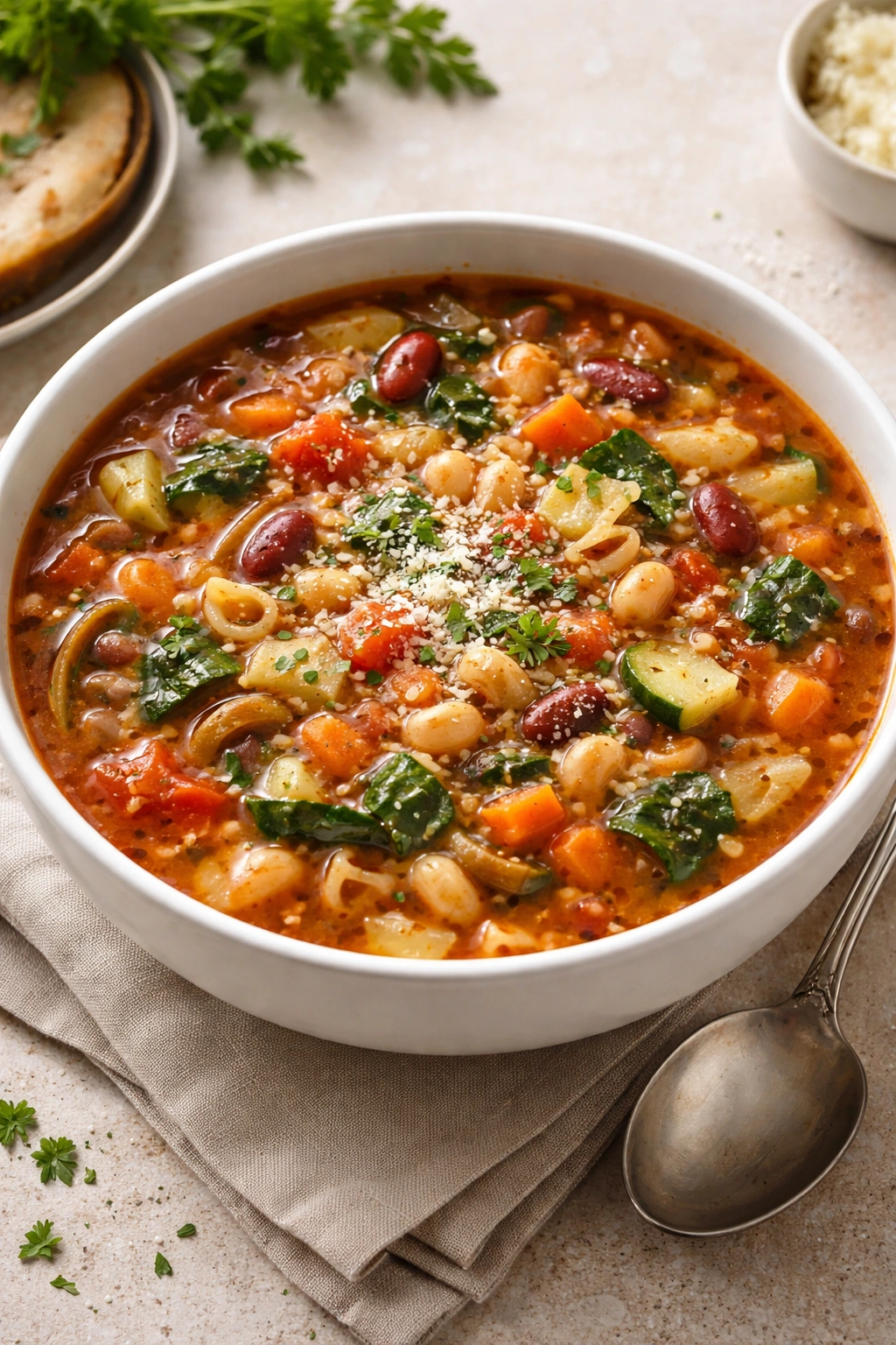 Bowl of minestrone soup with beans, pasta, and vegetables
