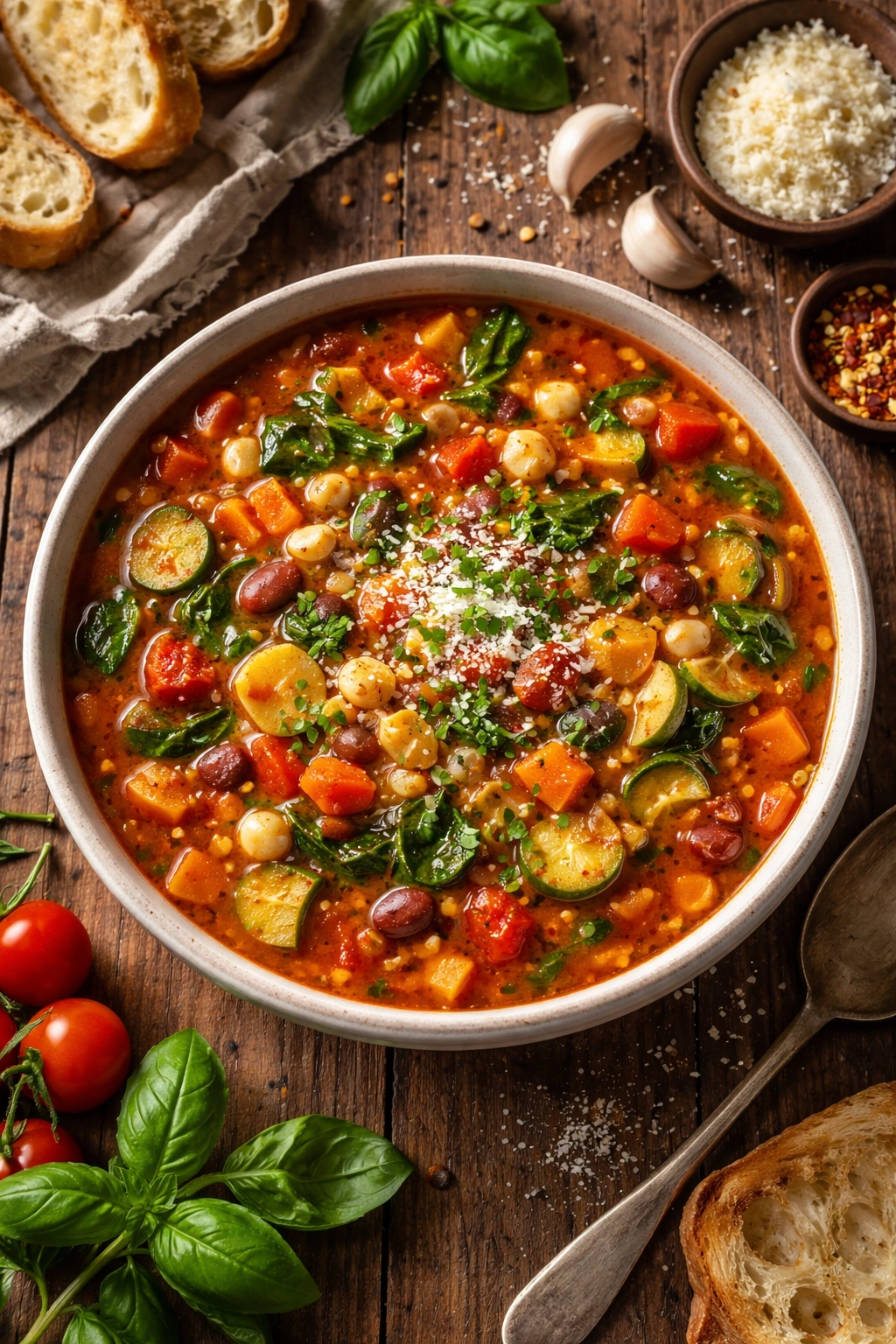 Bowl of hearty minestrone soup with vegetables, beans and pasta