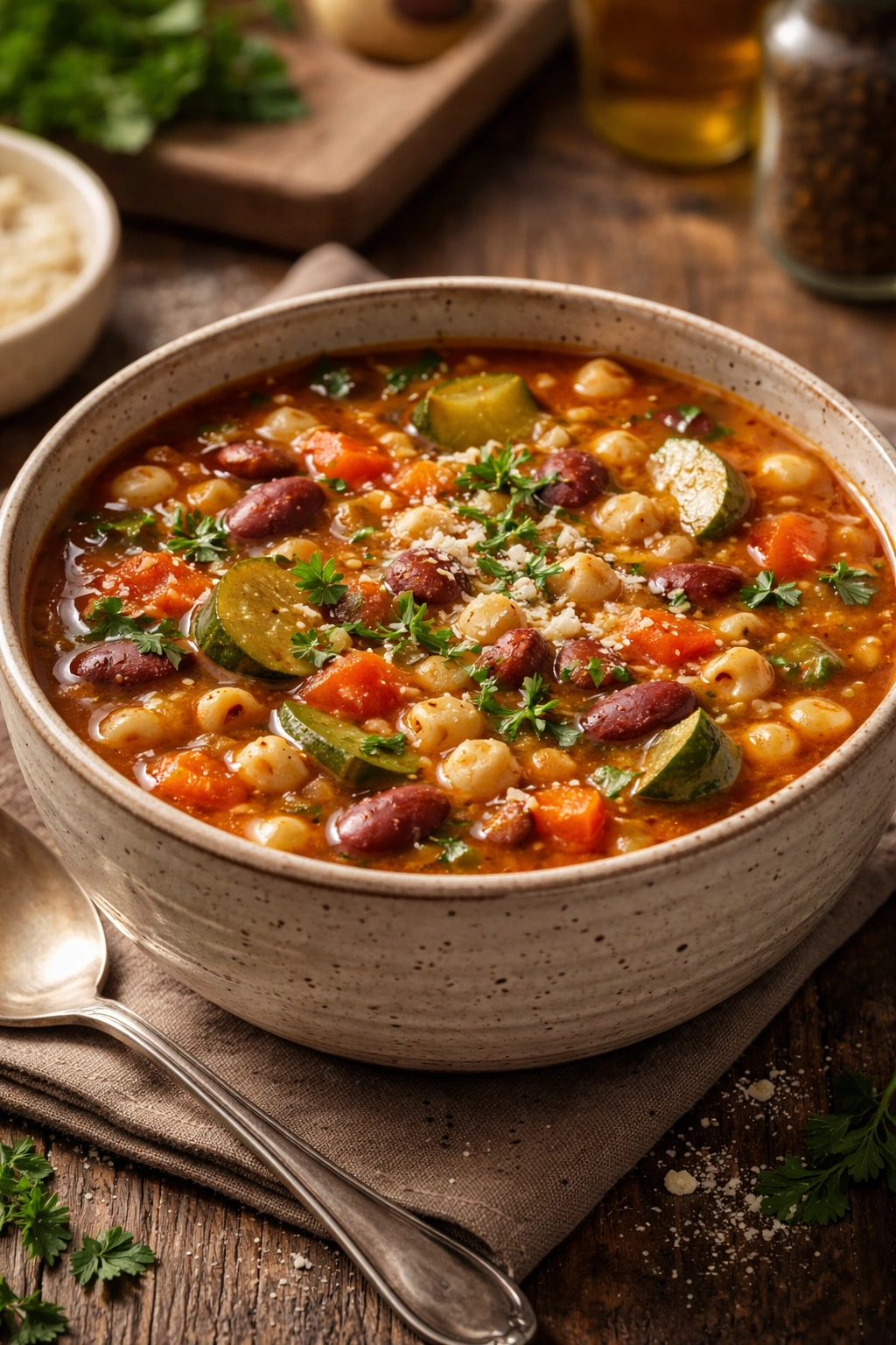 Hearty minestrone soup with vegetables and beans in a rustic bowl