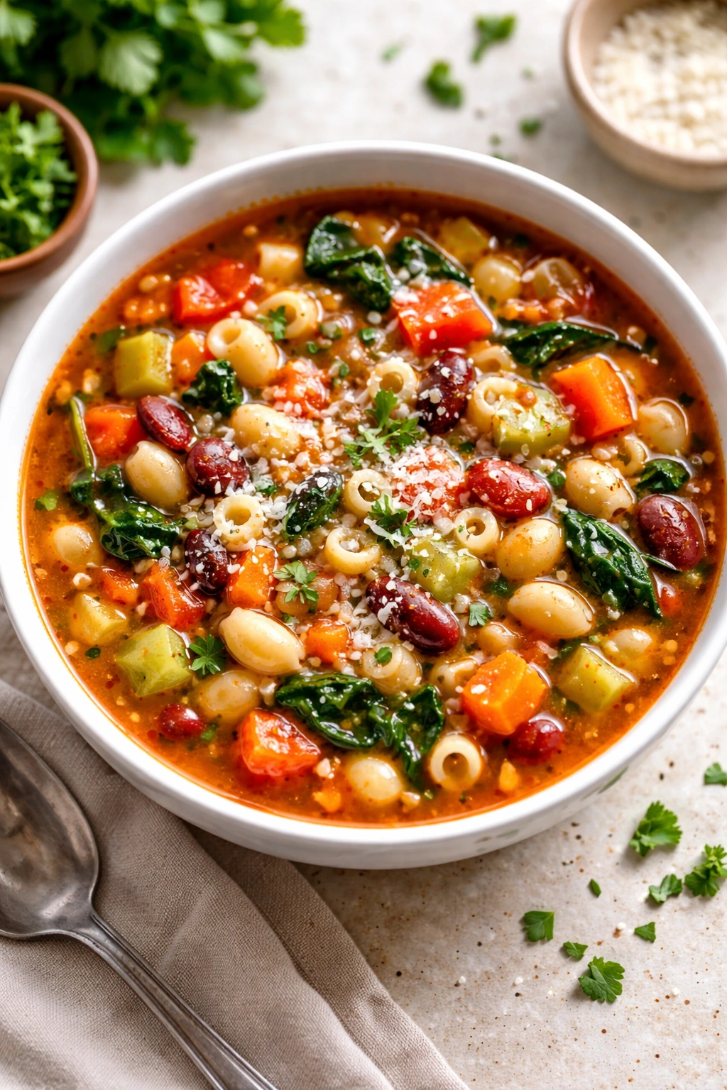 Colorful minestrone soup with beans and pasta in a bowl