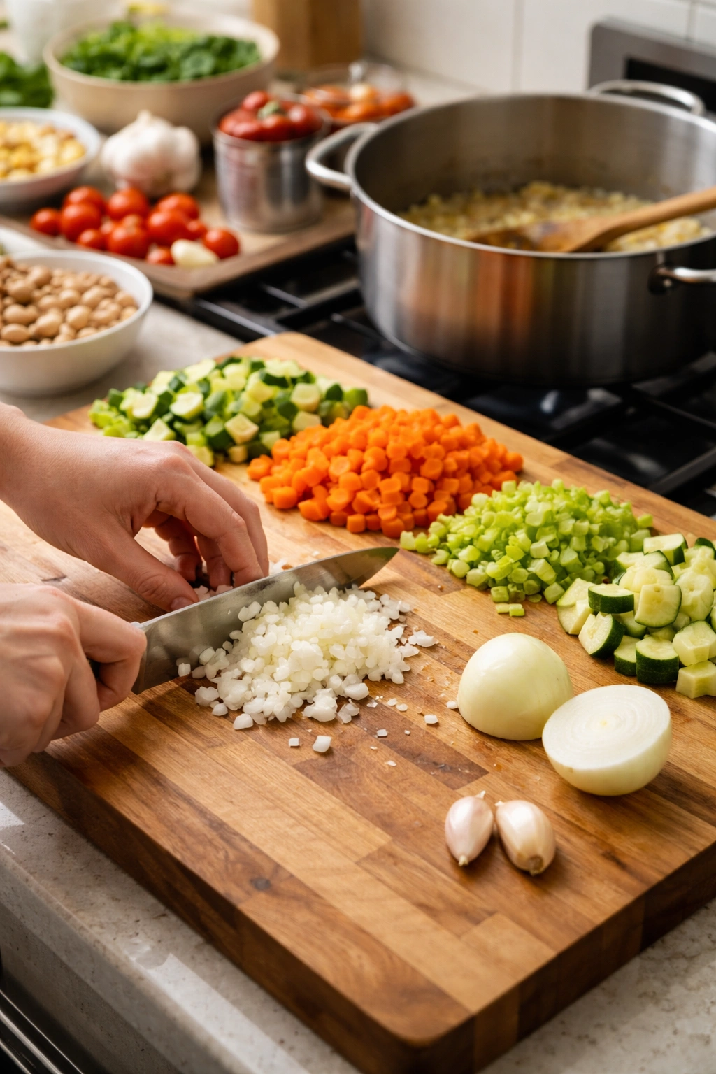 Hands chopping vegetables with a pot in the background to illustrate prep steps