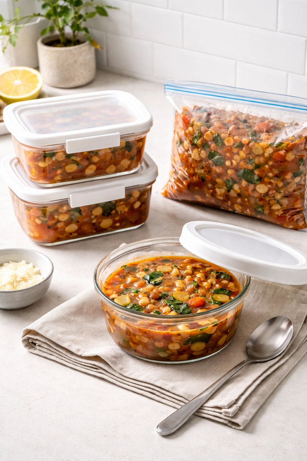 Storage containers of minestrone in refrigerator-ready arrangement
