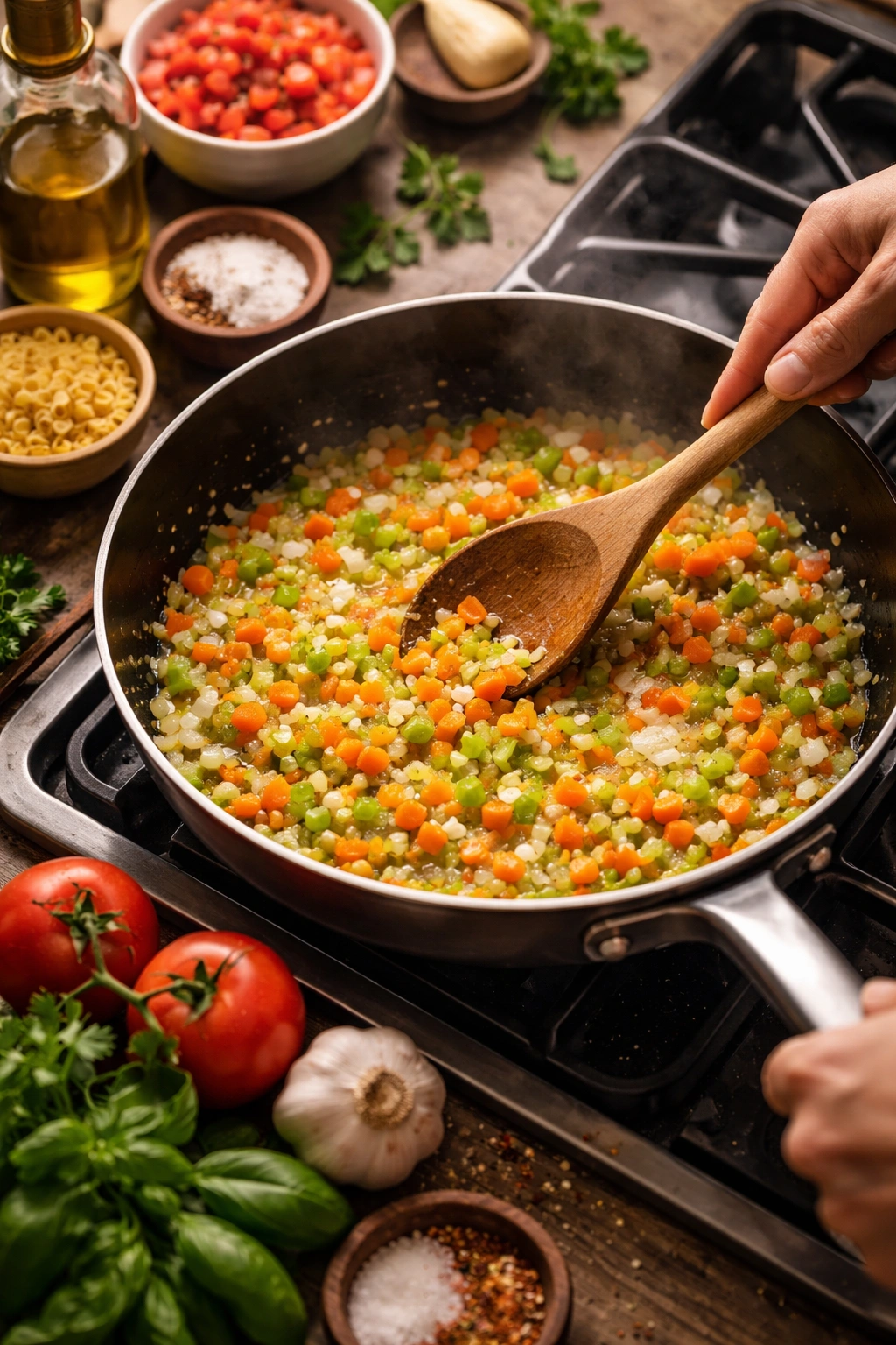 Soffritto being properly sautéed in a pan to illustrate correct technique