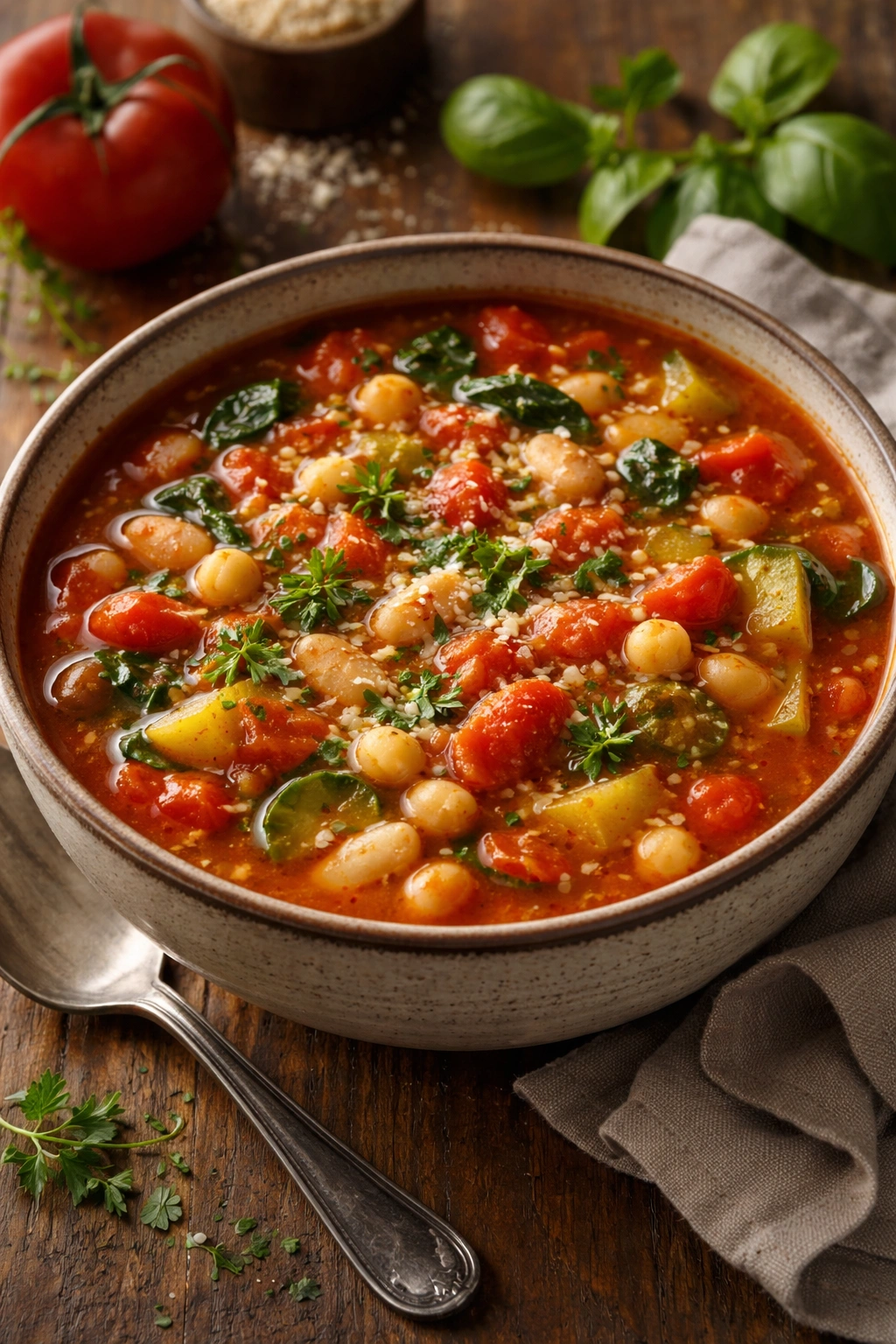Bowl of tomato-based minestrone with beans and pasta