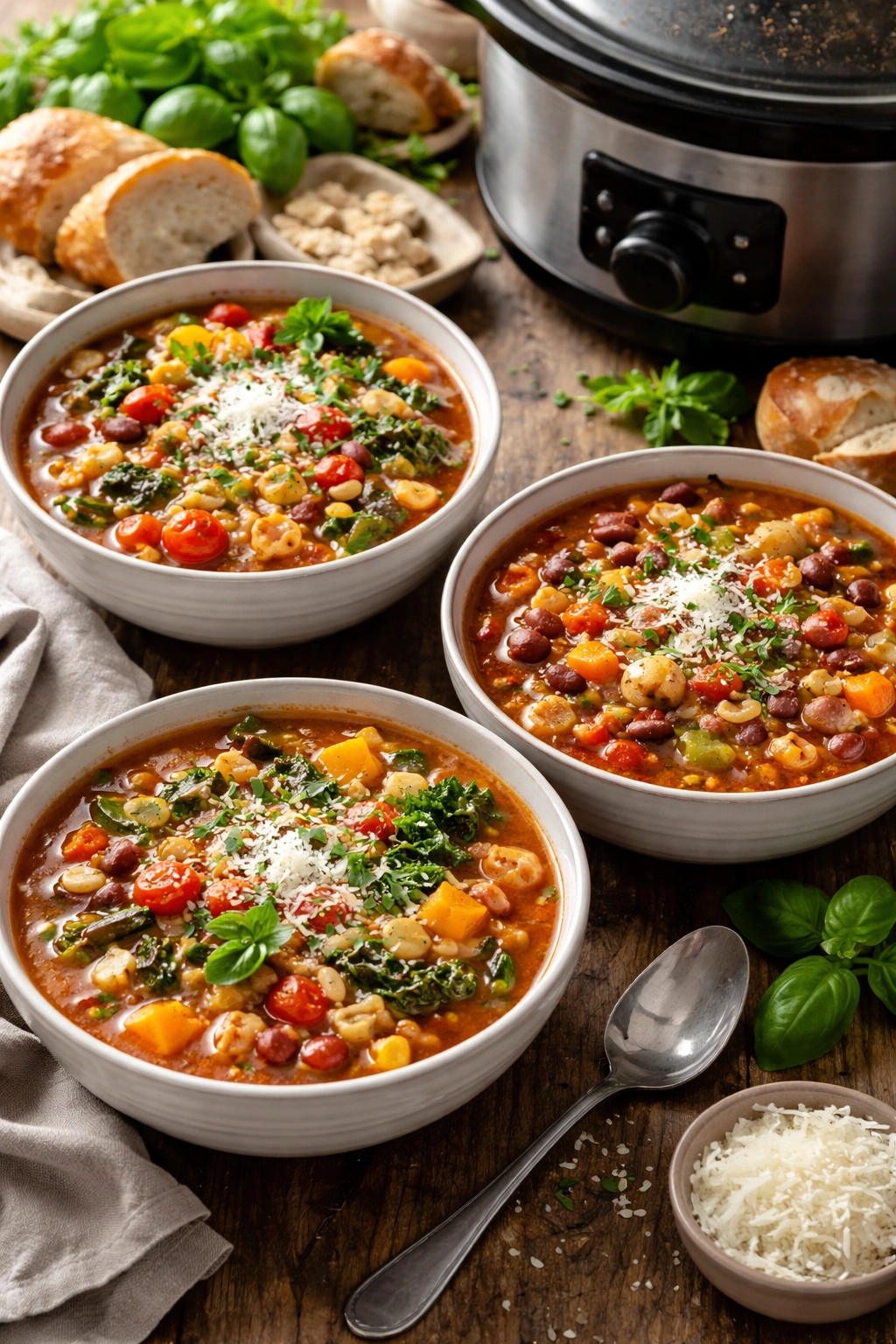 Three bowls of minestrone showing variations with greens, potatoes, and a hearty base