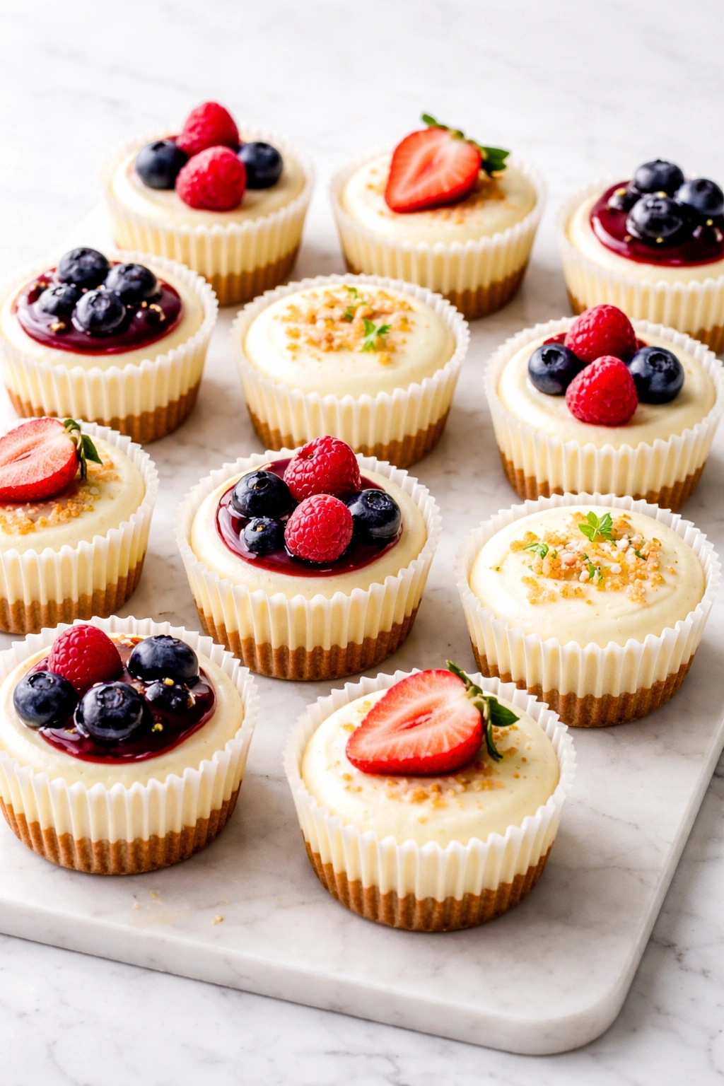 Mini cheesecake cups arranged on a tray, crust and cream filling visible