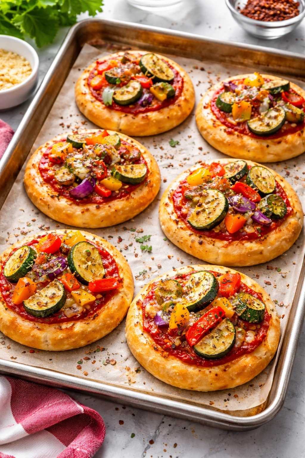 Mini crescent roll pizzas with roasted vegetables on baking sheet