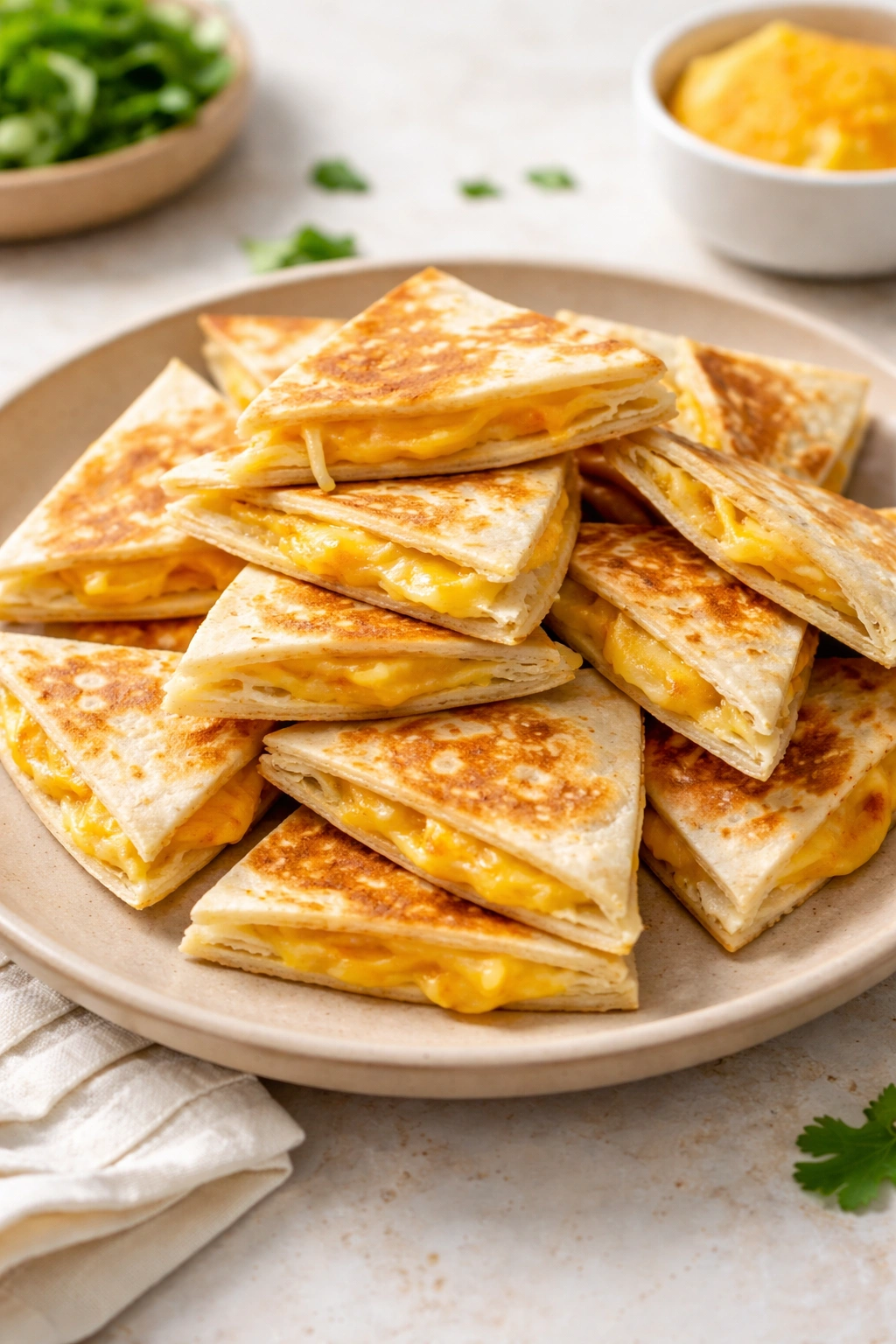 Small cheese quesadillas stacked on a plate, melted cheese visible