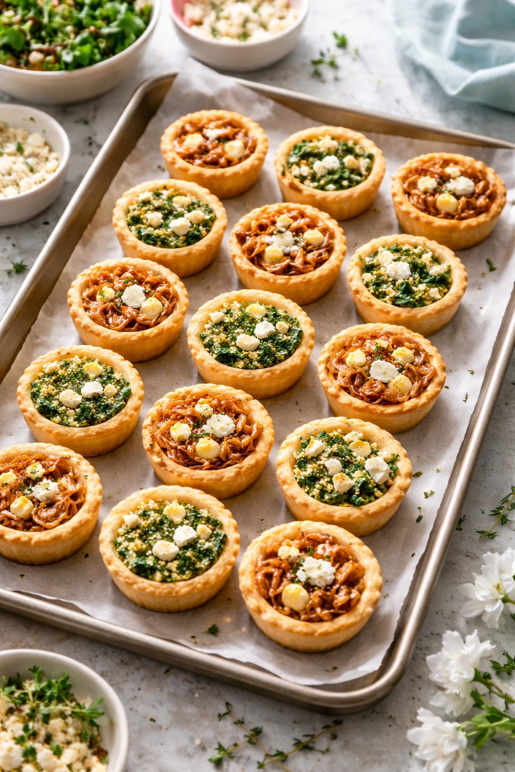 Tray of golden mini quiches with spinach feta and caramelized onions
