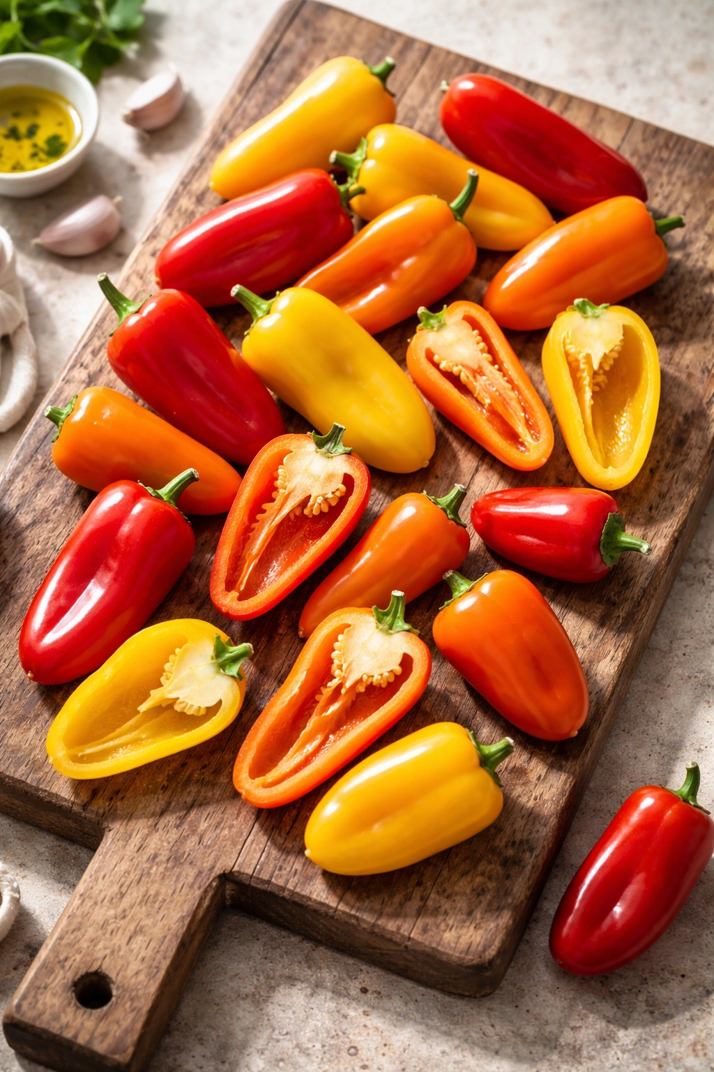 Close-up of mini sweet peppers on a wooden cutting board, colorful and glossy