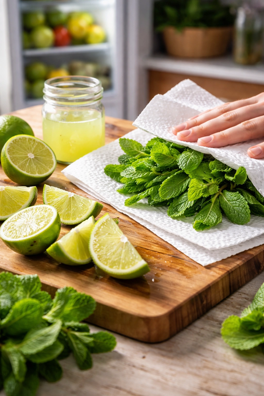 Mint leaves and lime halves on cutting board ready for mojito prep