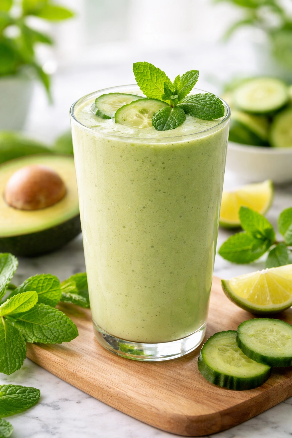 Mint green smoothie in glass with mint garnish and cucumber avocado backdrop