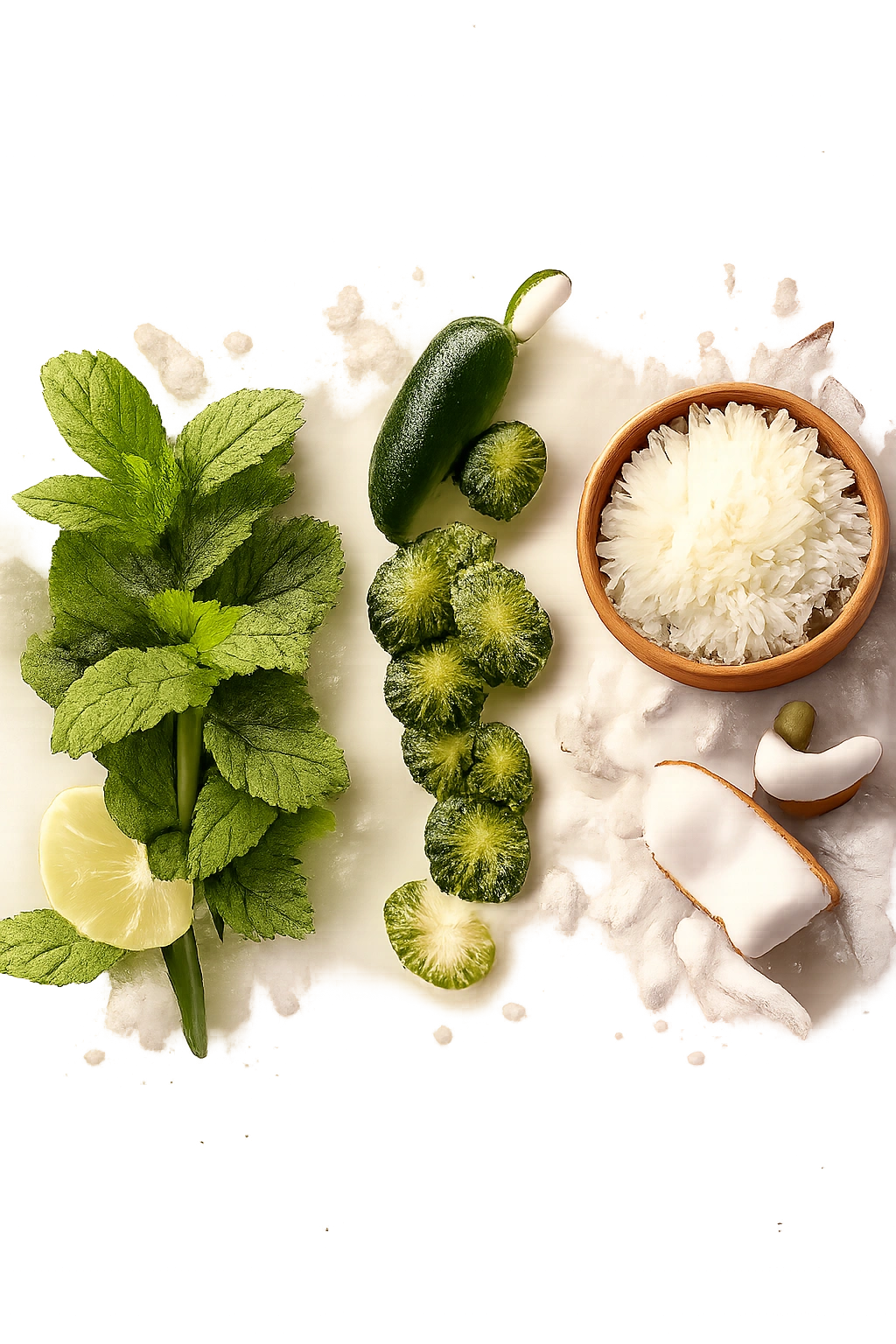 Mint leaves, jalapeño slice, and shredded coconut arranged flat lay