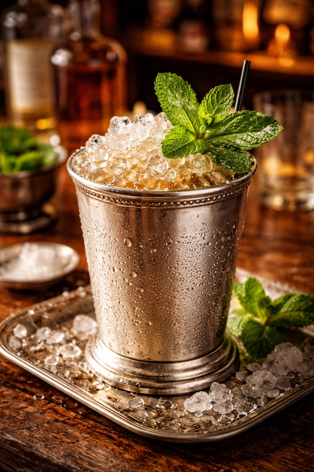 Mint Julep in a silver julep cup with crushed ice and mint