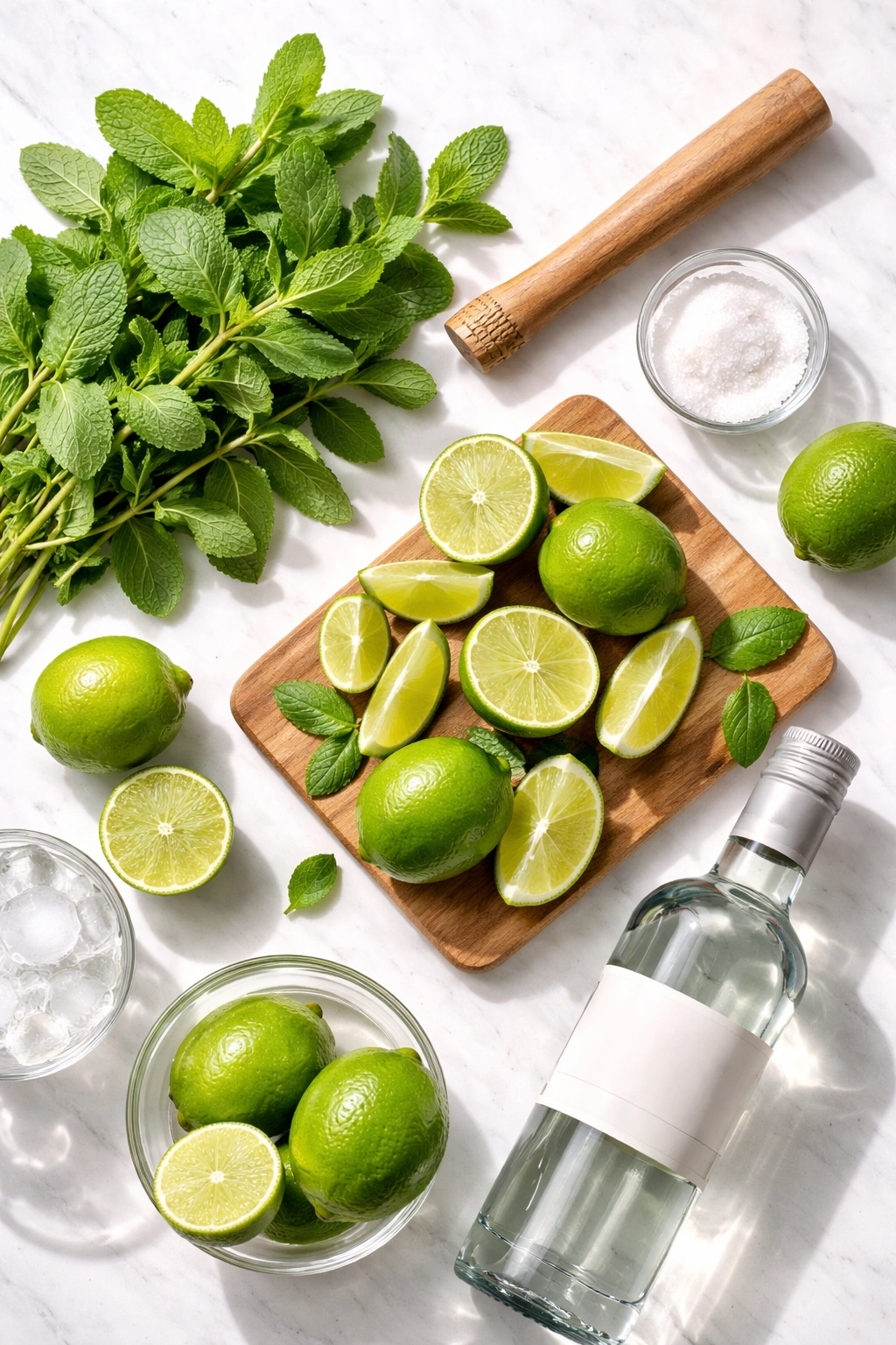 Fresh mint and limes arranged to highlight quality mojito ingredients