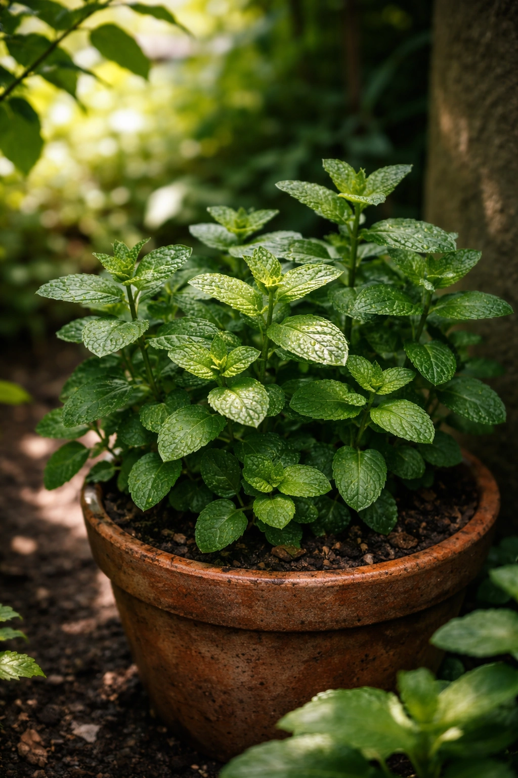 Mint plant in shaded corner showing shade-tolerant growth