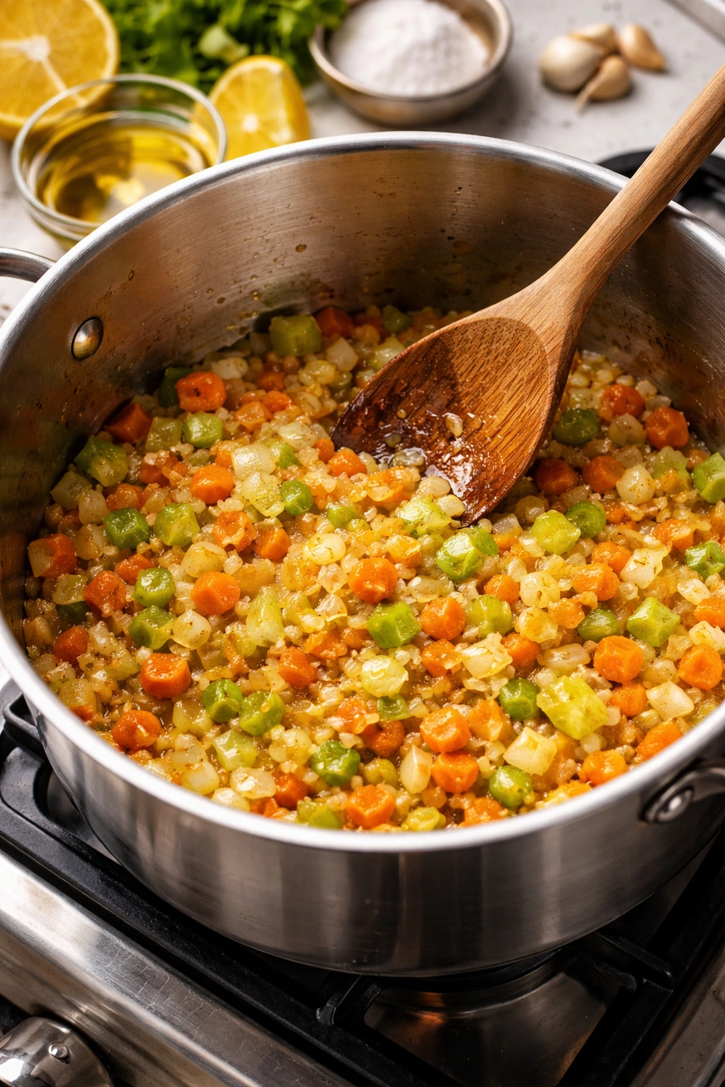 Sautéing mirepoix in olive oil and butter to build a flavorful broth base